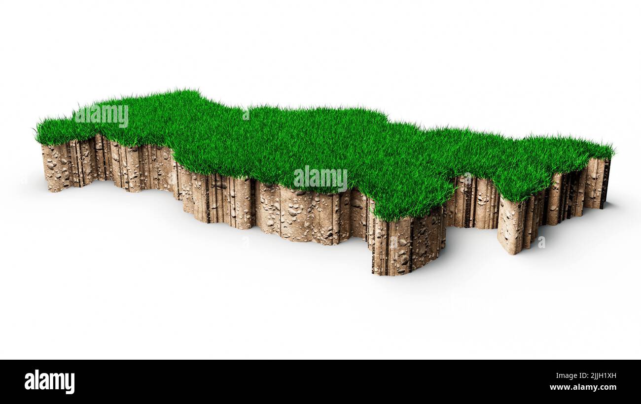 Eine Darstellung der geologischen Karte Russlands aus dem Jahr 3D mit grünem Gras und Gesteinsboden Stockfoto