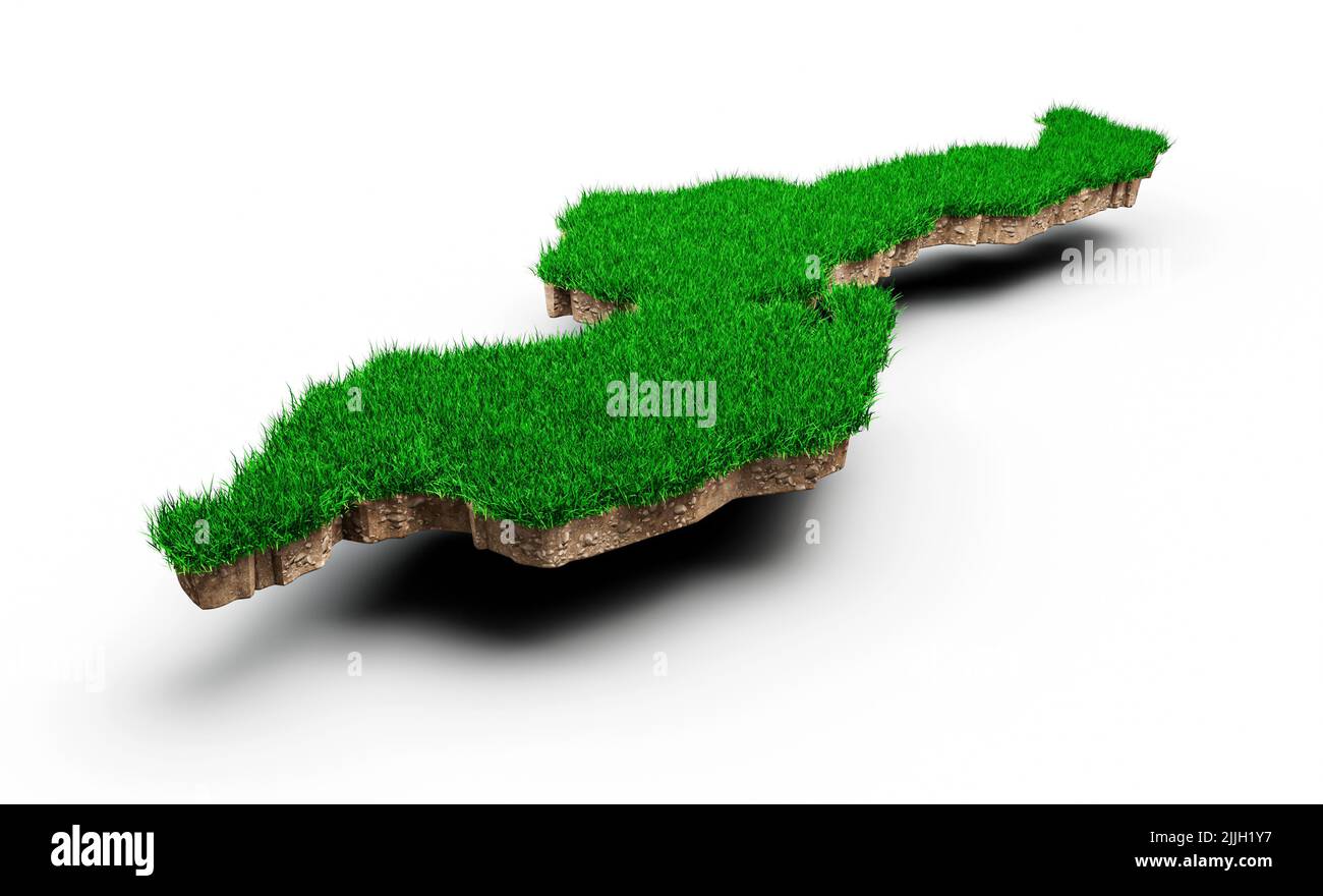 Eine Darstellung der Malawi-geologischen Karte aus dem Jahr 3D mit grünem Gras und Gesteinsboden Stockfoto