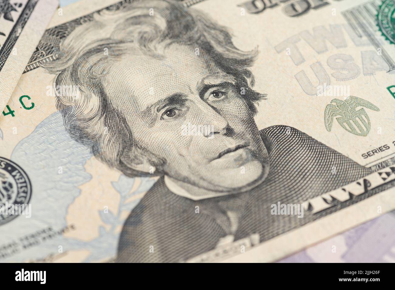 Andrew Jackson Porträt Makro usa zwanzig Dollar Banknote oder Rechnung. Stockfoto