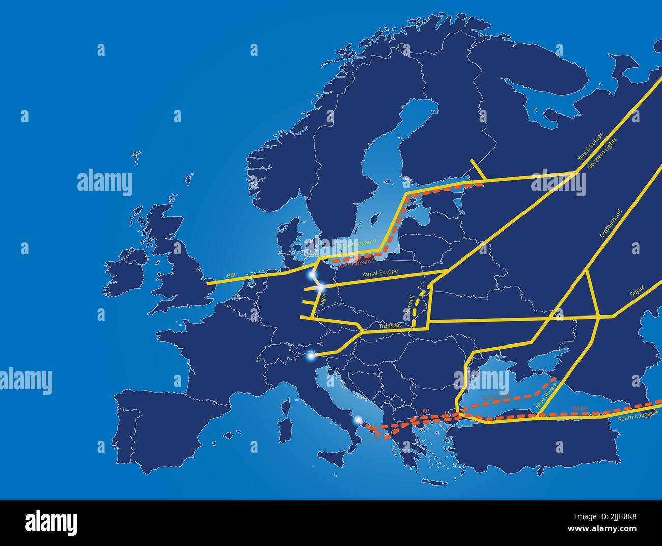 Karte der wichtigsten Gaspipelines von russland nach europa Stockfoto