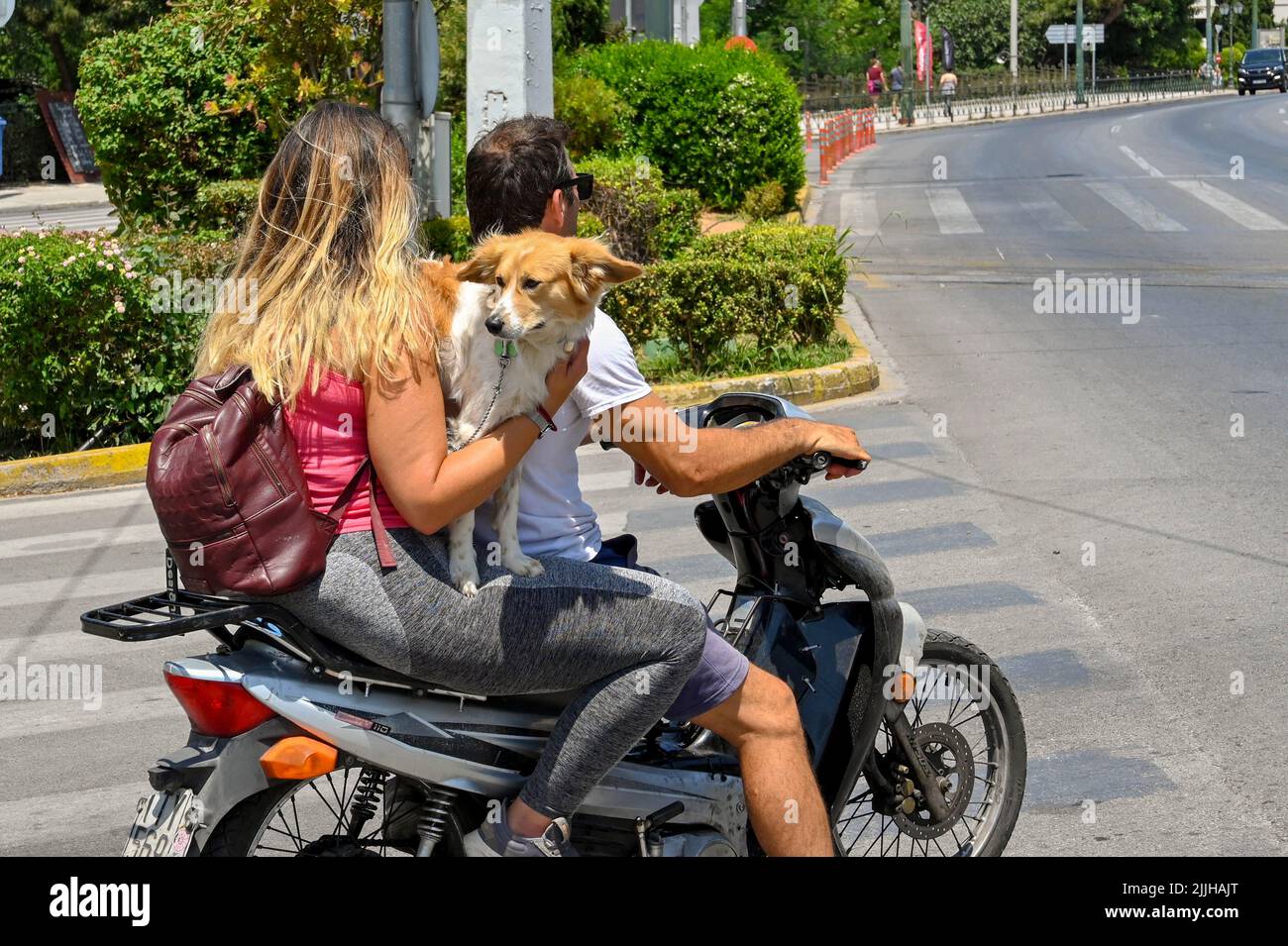 Athen, Griechenland - 2022. Mai: Mann und Frau auf einem Motorroller ohne Sturzhelme. Der Passagier hält einen Hund auf dem Sitz Stockfoto