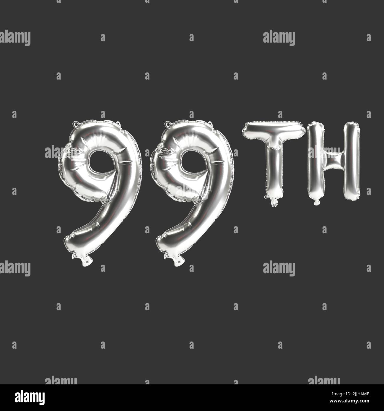 3D Abbildung von 99. silbernen Ballons isoliert auf dunklem Hintergrund Stockfoto