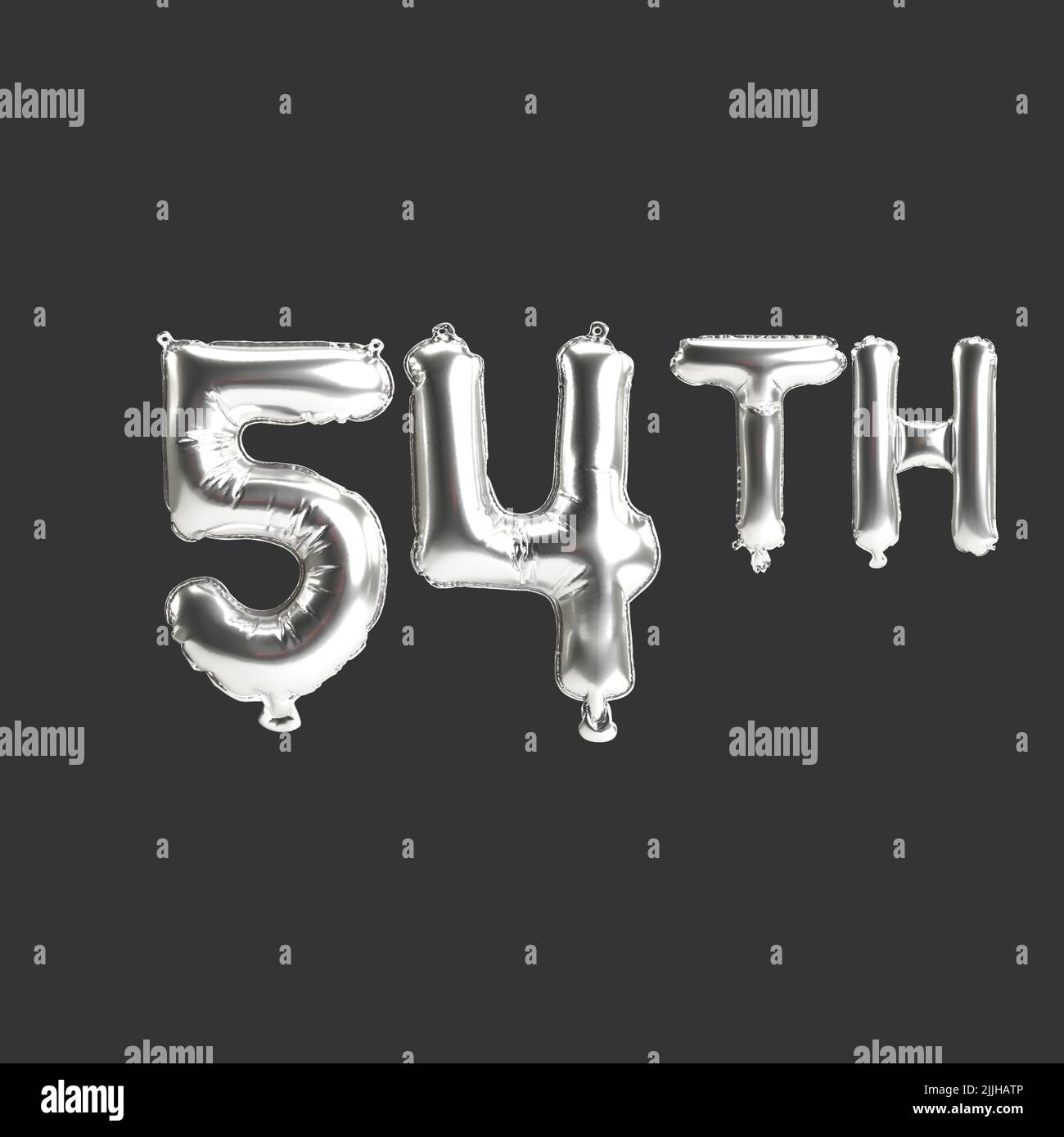 3D Abbildung von 54. silbernen Ballons isoliert auf dunklem Hintergrund Stockfoto