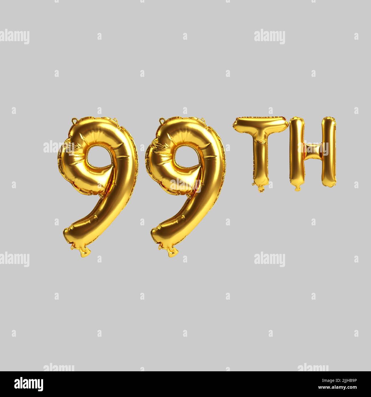 3D Abbildung von 99. goldenen Ballons isoliert auf weißem Hintergrund Stockfoto