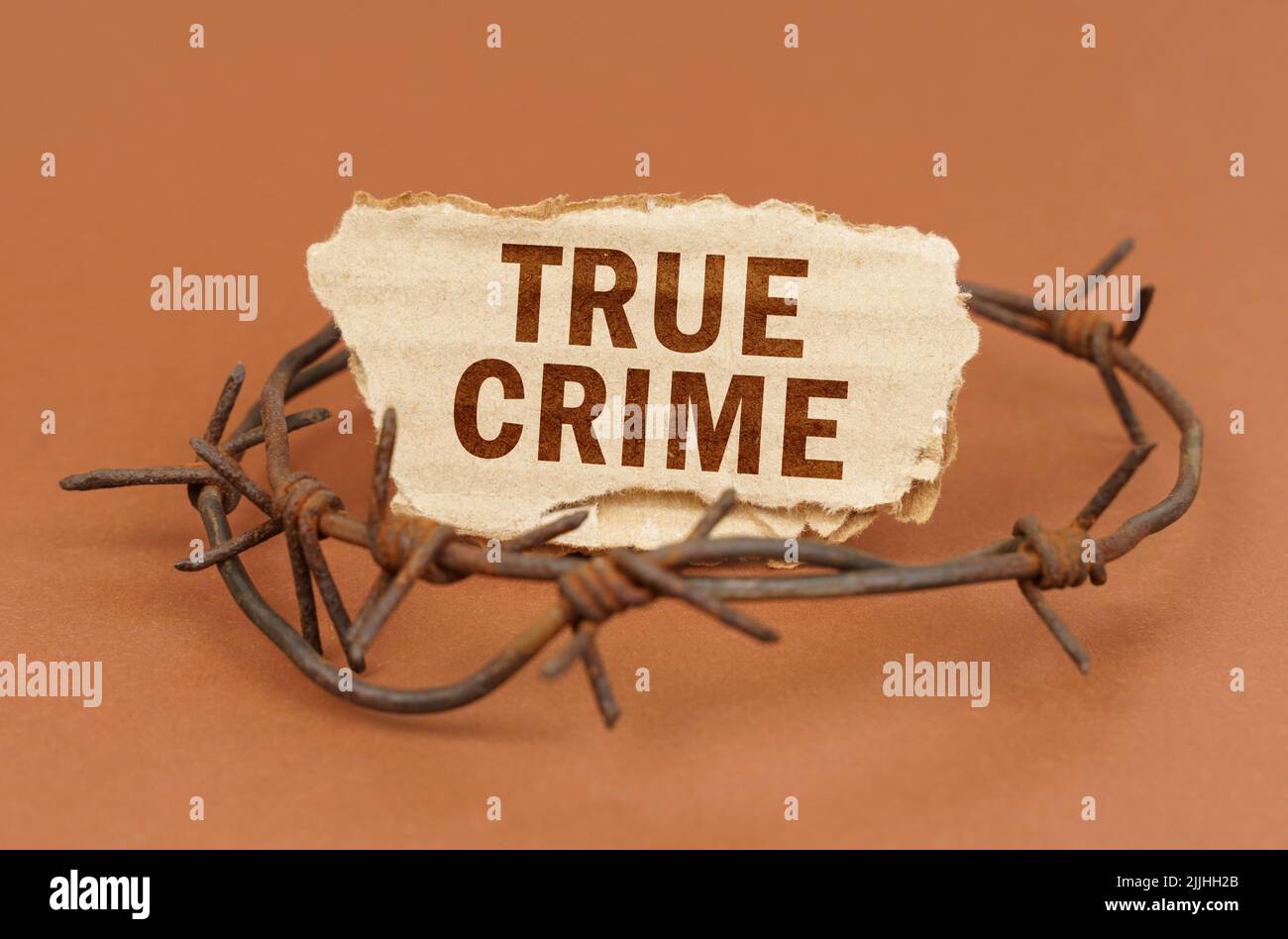 Das Konzept von Recht und Kriminalität. Auf einer braunen Oberfläche, Stacheldraht und ein Pappschild mit der Aufschrift - True Crime Stockfoto