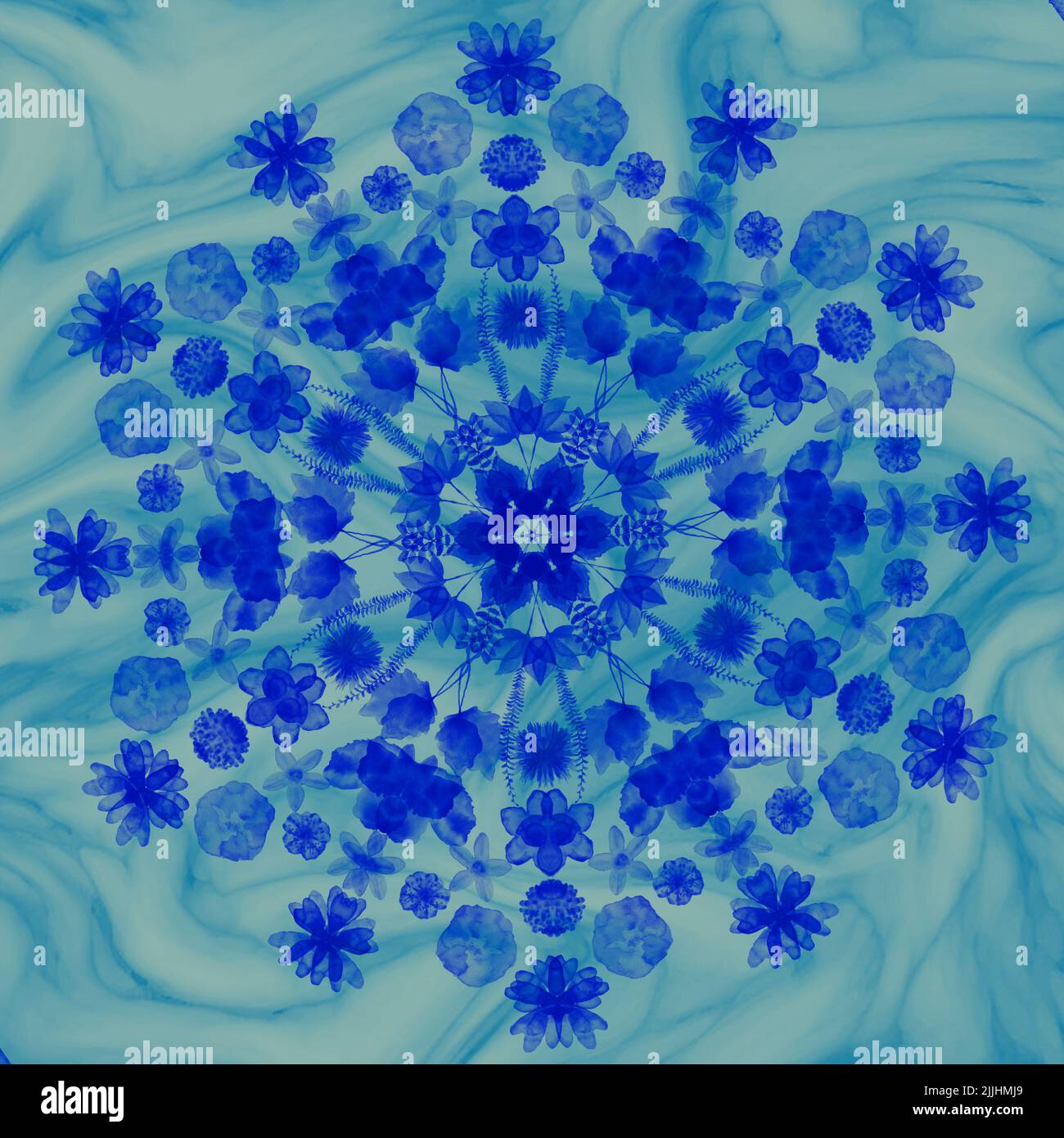 Blaues Mandala auf Marmorboden. Stockfoto