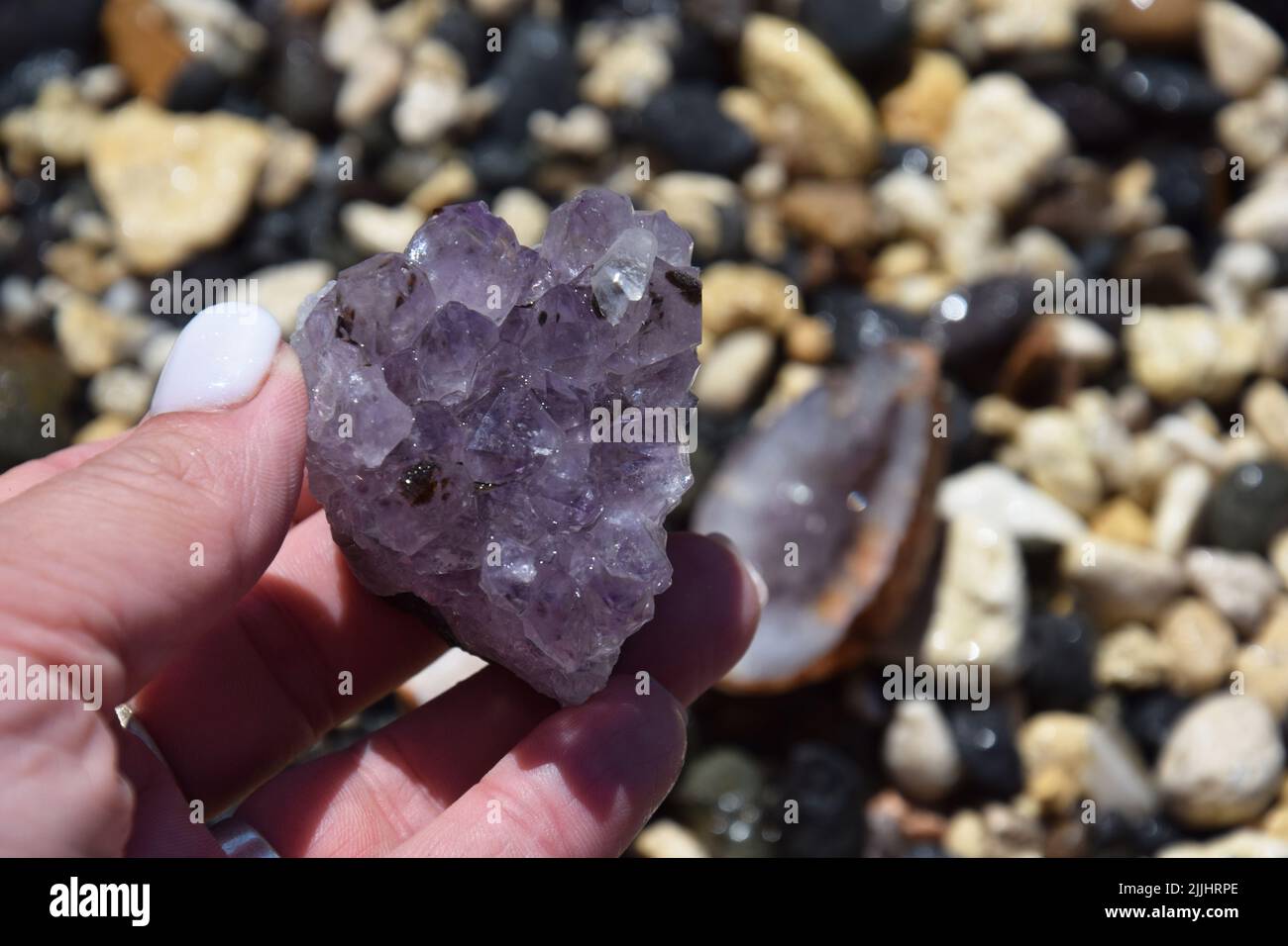 Schöne lila Amethyst Kristalle in einer weiblichen Hand. Druse von Amethyst in Form eines Herzens vor dem Hintergrund anderer Edelsteine. Stockfoto