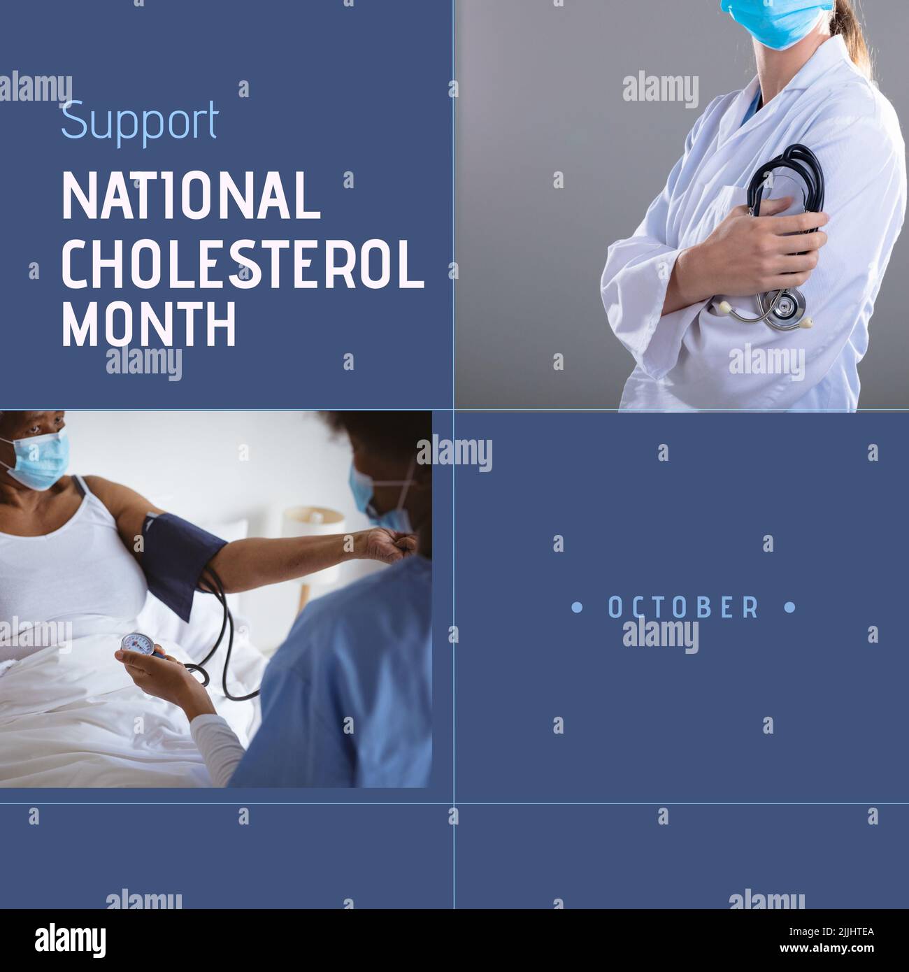 Zusammensetzung der Unterstützung nationalen Cholesterin Monat Text mit verschiedenen Arzt und Patient Stockfoto