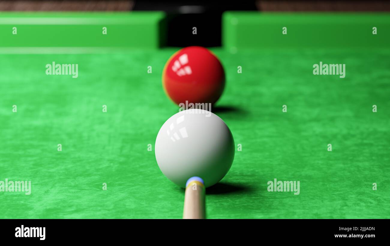 Snooker-Billardtisch und Billard-Ball mit Dimmellicht . Spieler zielen auf weiße Kugel . 3D Rendering . Stockfoto