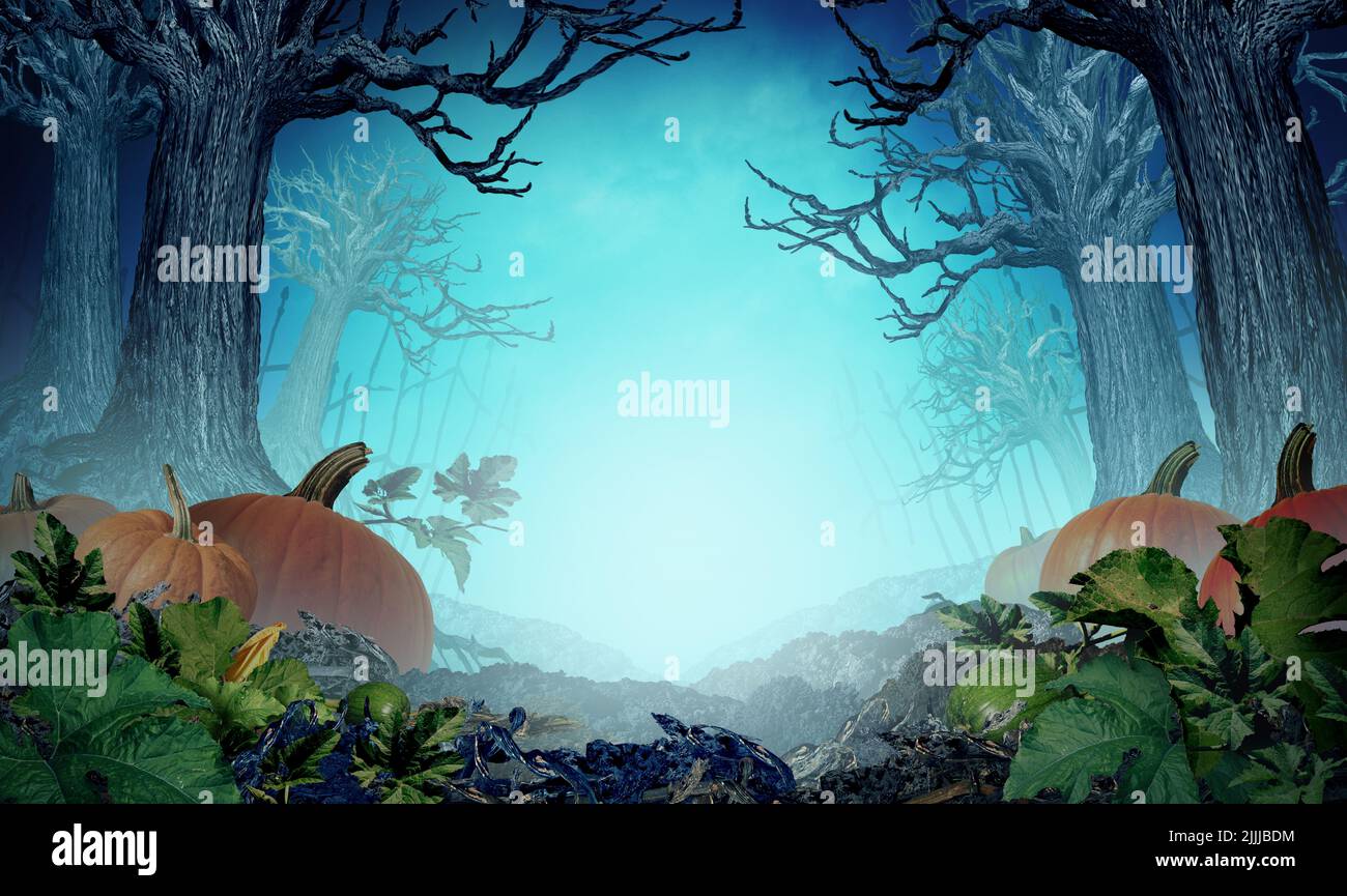 Halloween Hintergründe in einem gruseligen Herbst Nacht Hintergrund als Kürbisfeld mit gruseligen Bäumen und nebliger Landschaft mit 3D Illustrationselementen. Stockfoto