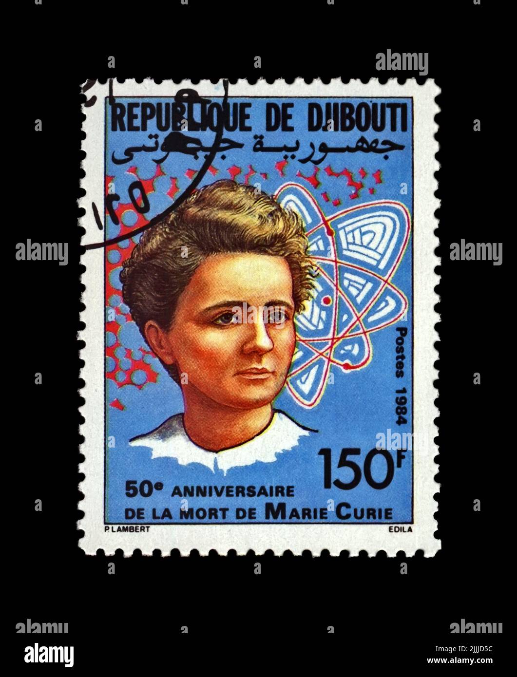 Marie Sklodowska-Curie (1867-1934), um 1984. Bekannter Wissenschaftler, Phisiker, Radioaktivitätsbeobachter. Vintage Poststempel isoliert auf Bllack Stockfoto