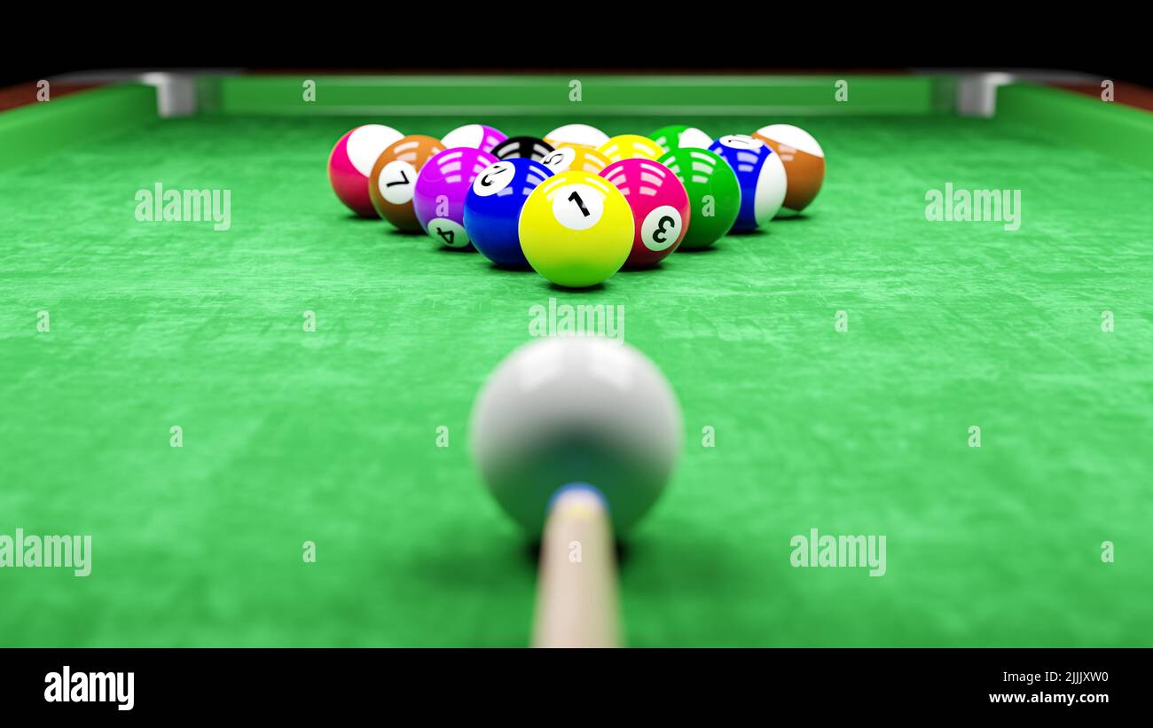 Snooker-Billardtisch und Billardball mit der Nummer 1 bis 15 . Samtstruktur auf dem Boden. 3D Rendering . Stockfoto