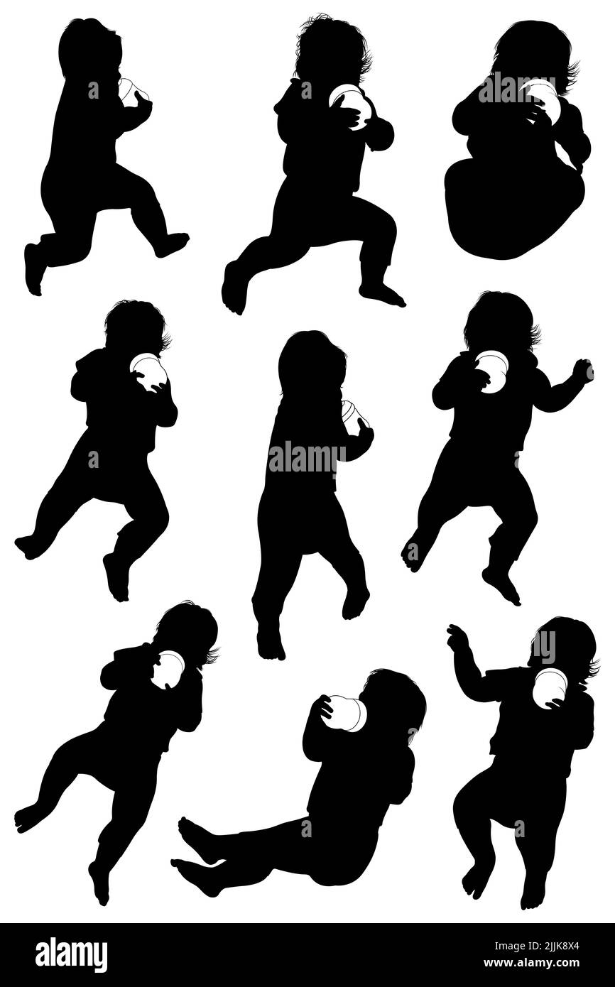 Illustration von Baby Silhouetten trinken aus Babyflasche isoliert auf weiß Stockfoto