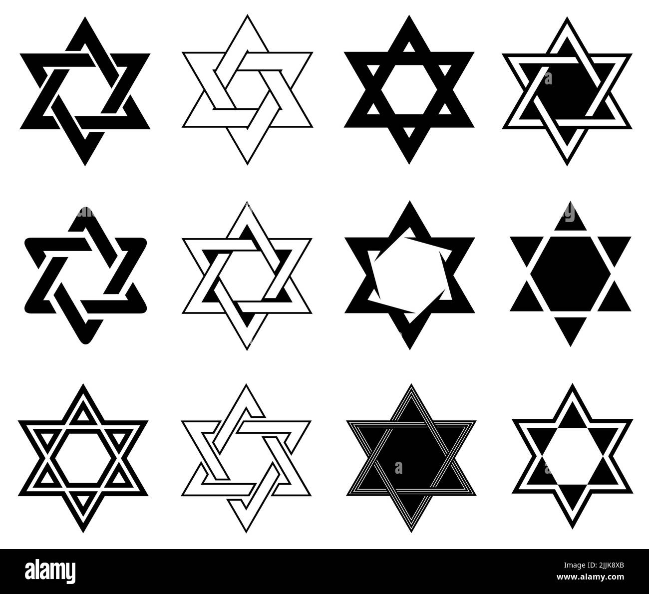 Set mit verschiedenen Illustrationen von Davidstern, isoliert auf Weiß Stockfoto