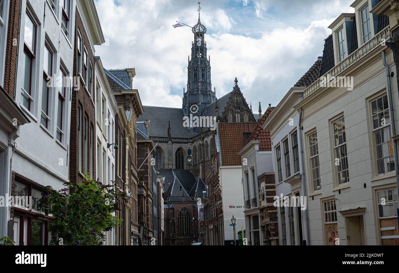 Seitenaufnahme von einer Straße der großen Kirche (Grote Kerk), die auch Sint Bavokerk auf dem großen Markt (Grote markt) in Haarlem genannt wird Stockfoto