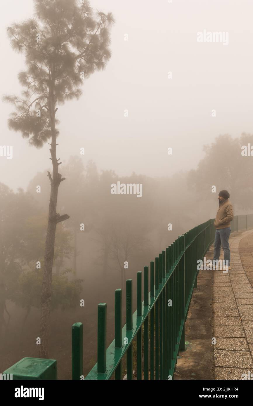 Ein südasiatischer Mann, der an einem nebligen Wintertag den Blick auf die Natur genießt Stockfoto