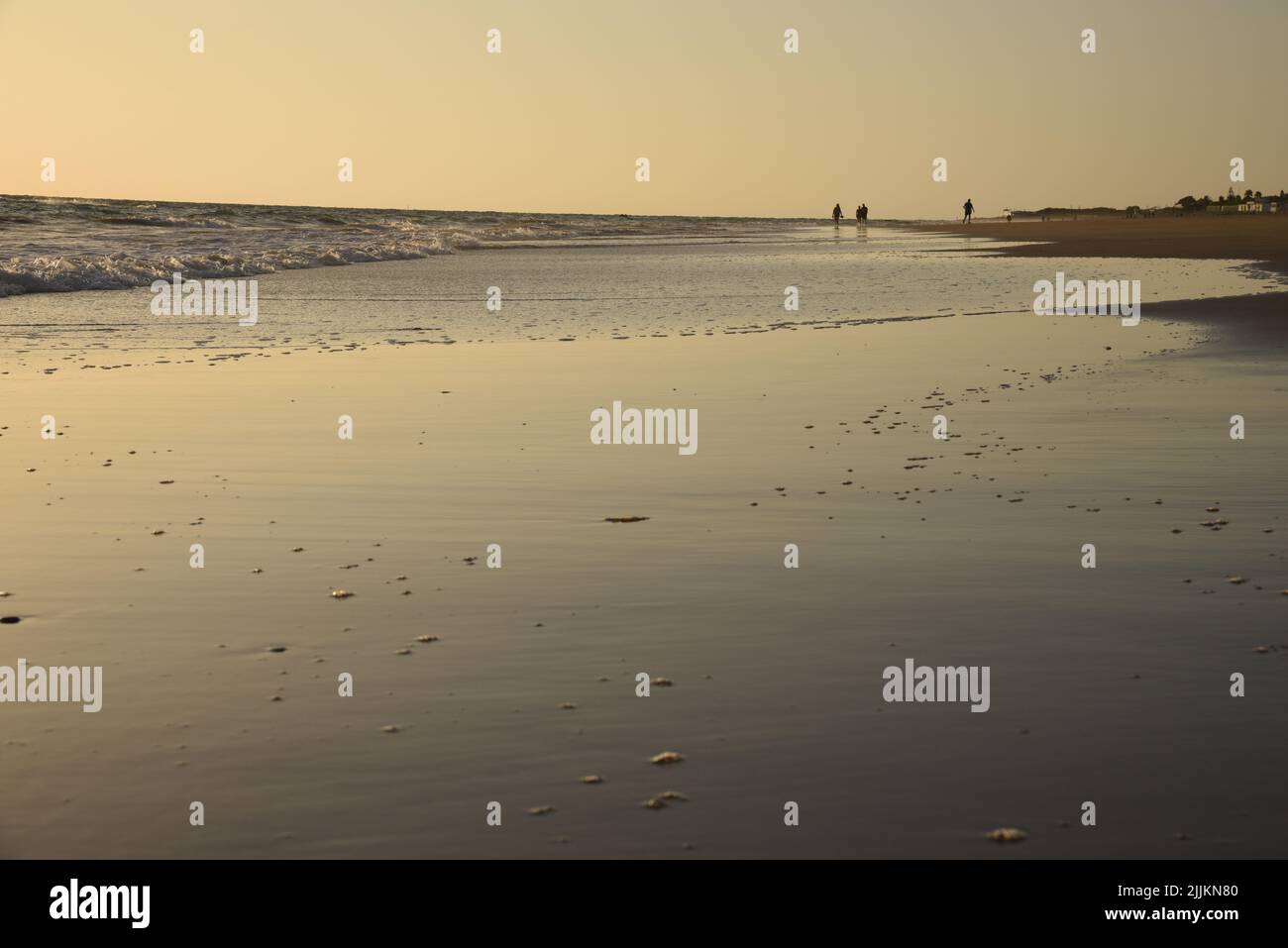 Bei Ebbe bei Sonnenuntergang am Strand spazieren Stockfoto