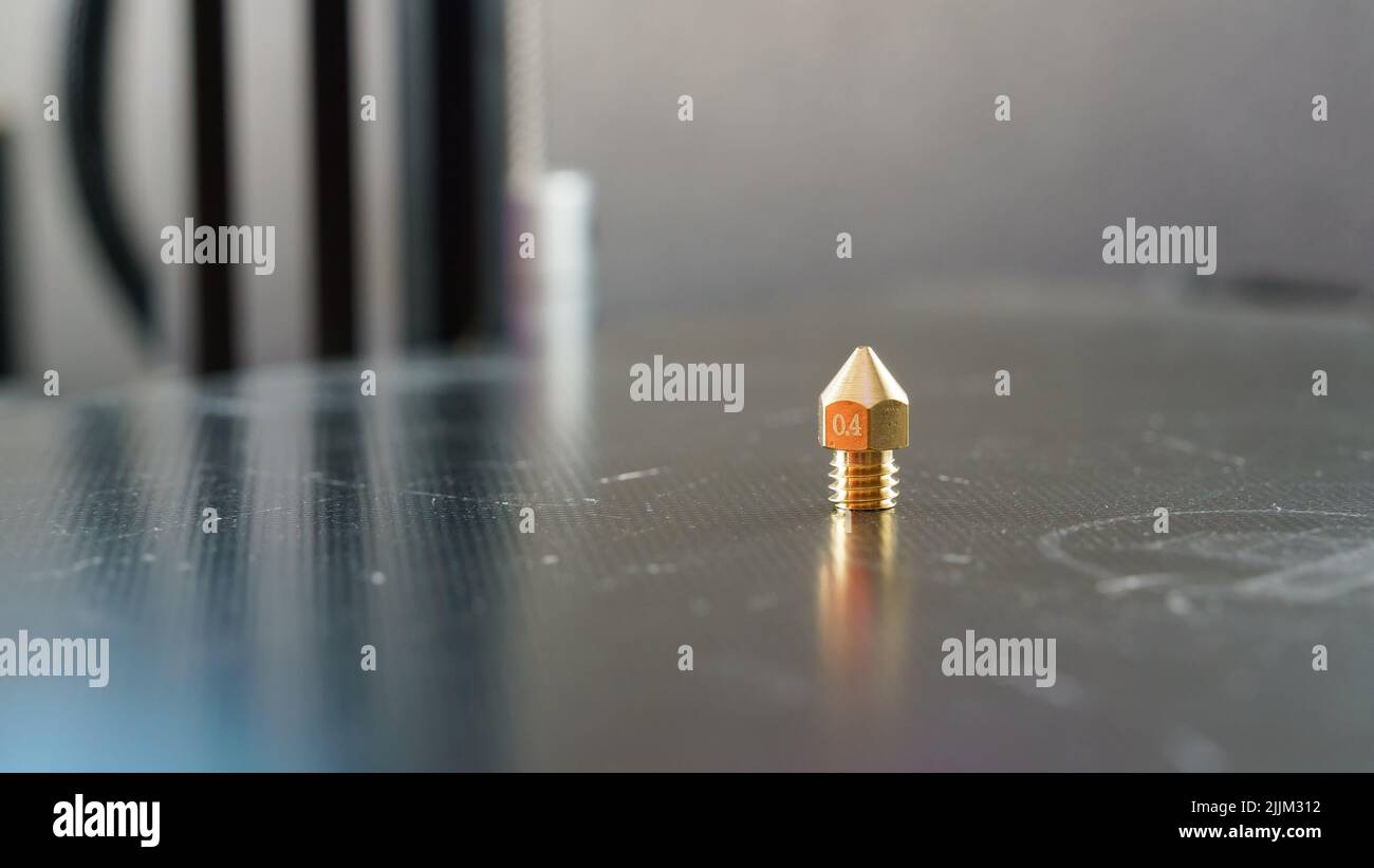Eine Nahaufnahme einer 0,4mm Düse für den drucker 3D Stockfoto
