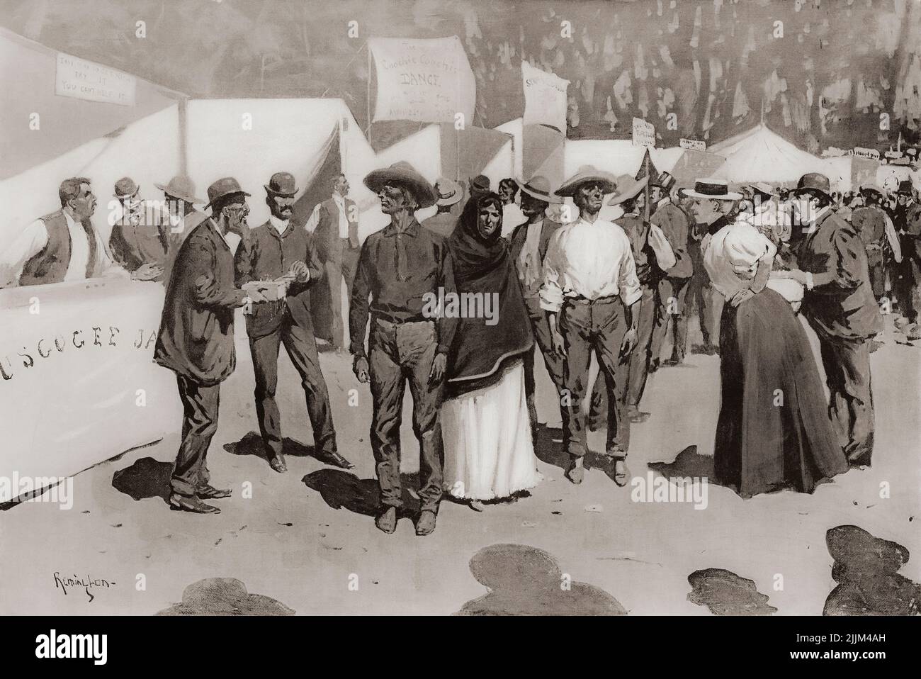 Bezahlen der Indianer für den Cherokee Strip. Szenen rund um das Regierungsviertel des Paymaster. Nach einem Werk des amerikanischen Künstlers Frederic Sackrider Remington, 1861 – 1909. Der Strip ist auch als Cherokee Outlet bekannt. Stockfoto
