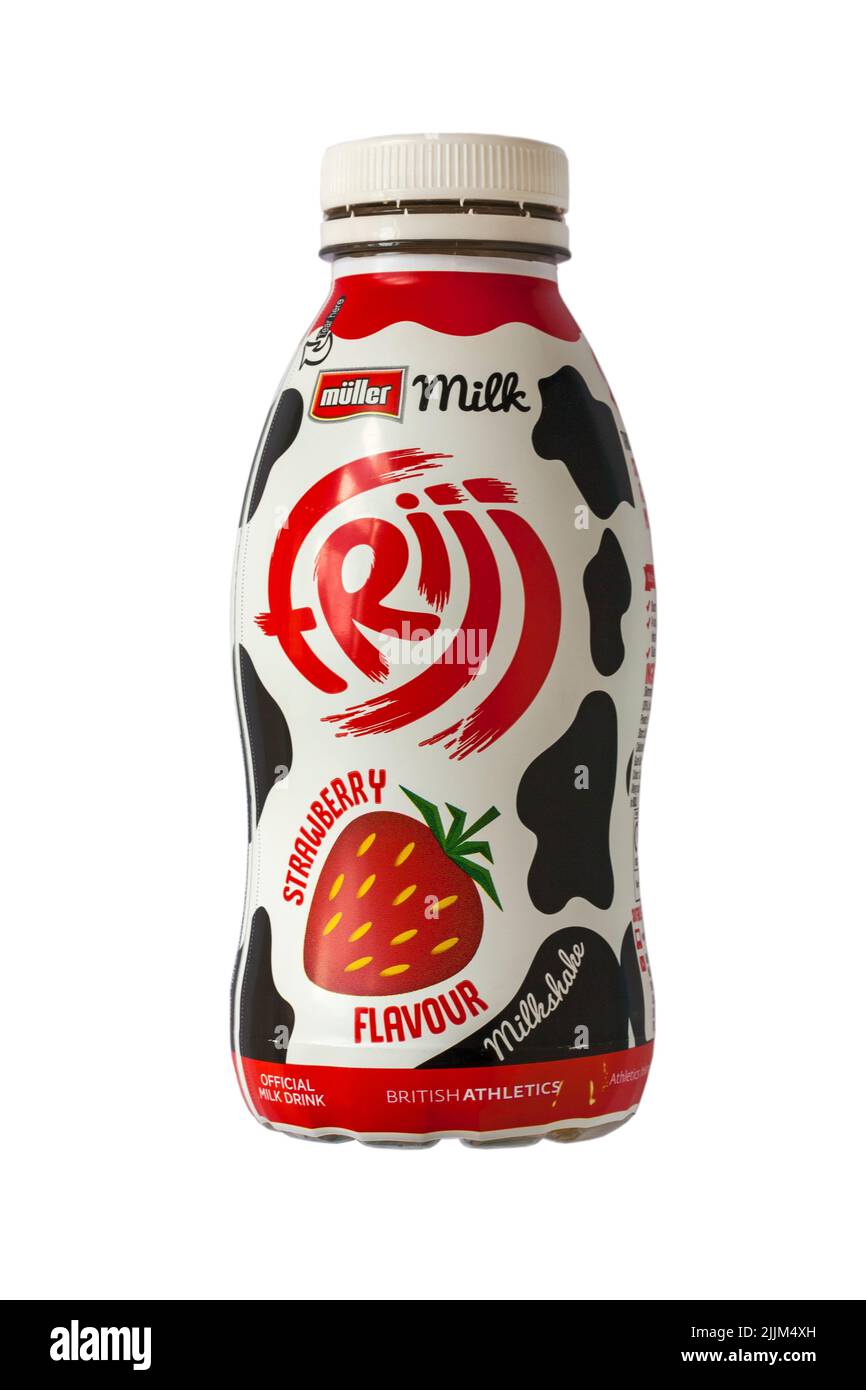 Frijj Erdbeer Geschmack Milchshake Flasche isoliert auf weißem Hintergrund Stockfoto