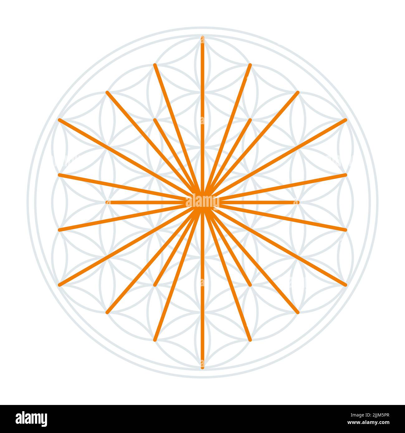 Sonnensymbol in der Blume des Lebens. Orangefarbene Linien, die die Sonnenstrahlen symbolisieren, abgeleitet von den Schnittpunkten überlappender Kreise. Stockfoto