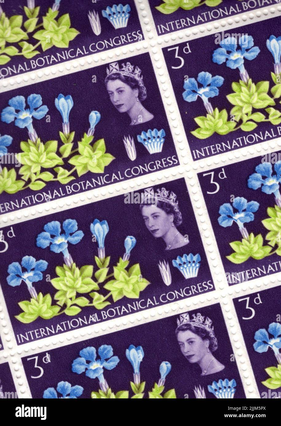 Detail aus einem Blatt mit Vintage-GB-Marken mit Blumen. Stockfoto