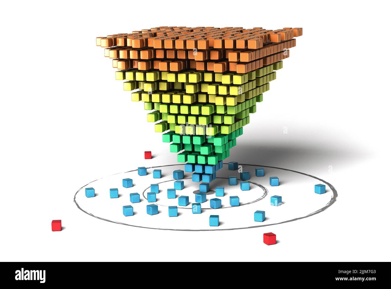 3D Illustration eines konzeptionellen Marketingtrichters auf weißem Hintergrund. Konzept der Akquisition und Umwandlung von Leads zu Kunden. Stockfoto