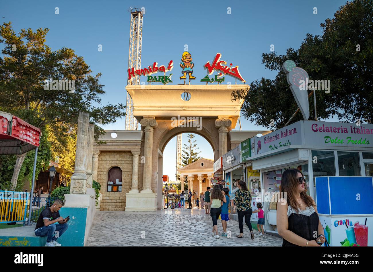 Der Haupteingang zum Hannibal Park, ein Vergnügungspark und eine Vergnügungsmesse, in Port El Kantaoui in Tunesien. Stockfoto