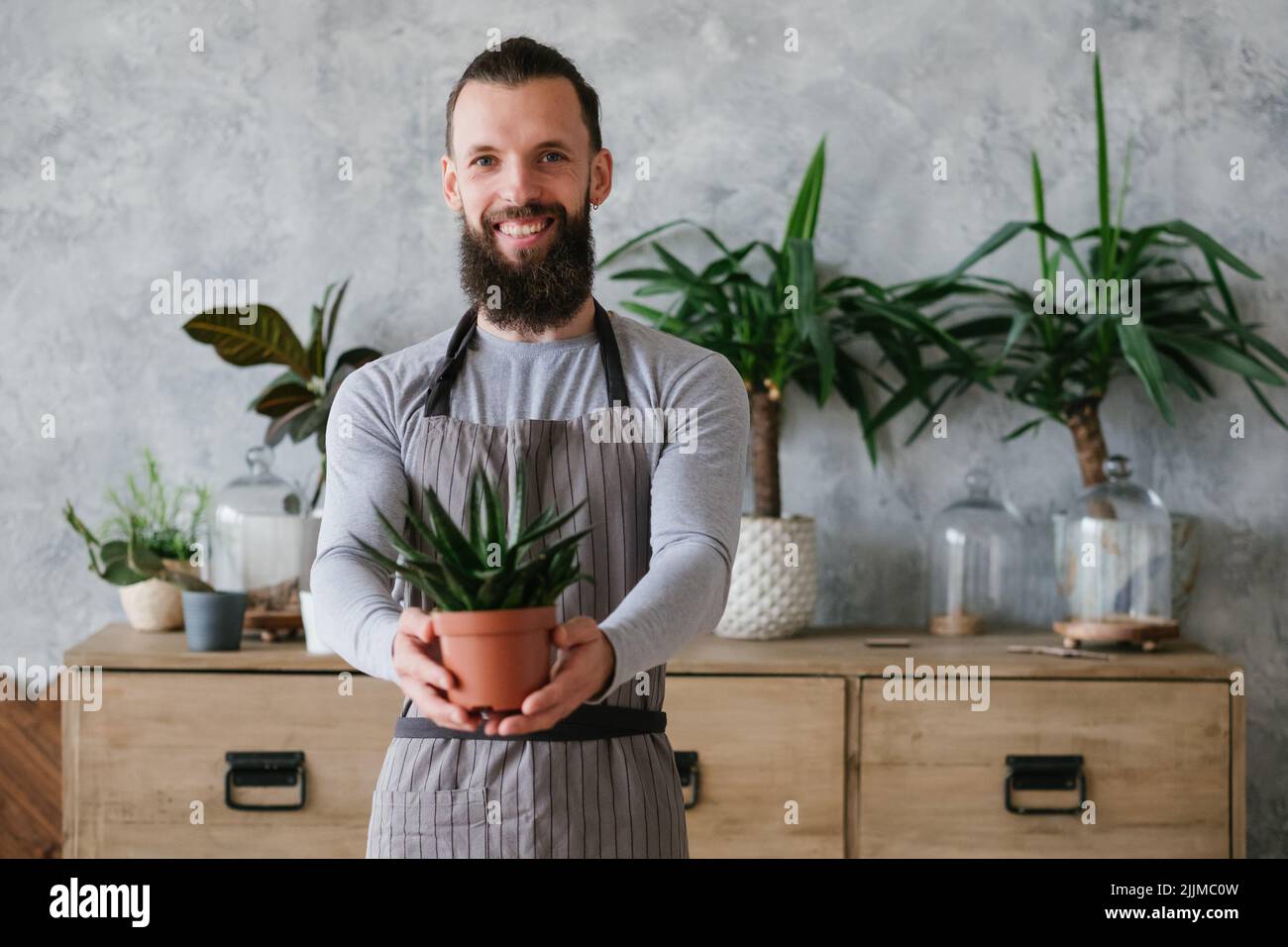 Home Garten Natur Pflege Mann zeigen Pflanze Stockfoto