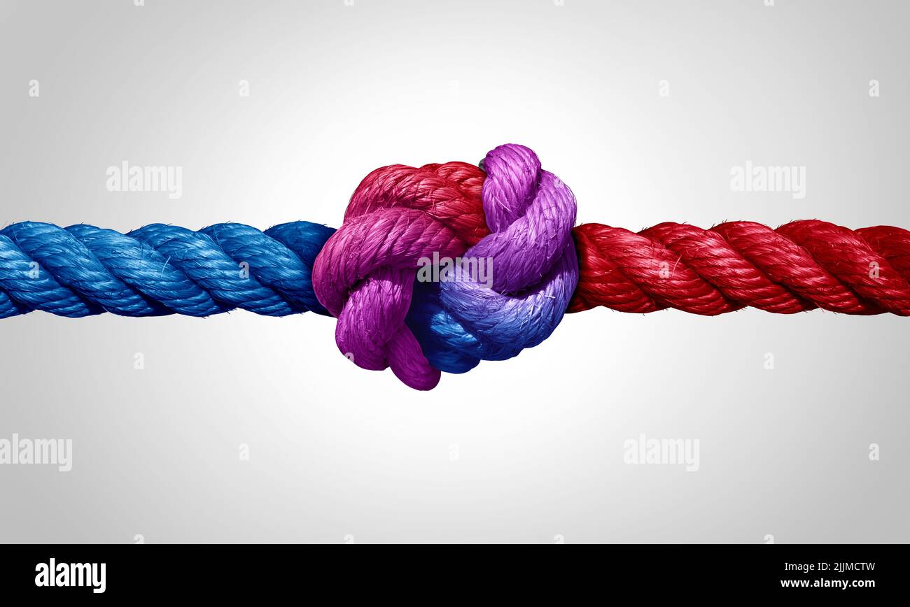 Vereinbarung und Zusammenarbeit als parteiübergreifendes oder parteiübergreifendes Vertrauenskonzept und verbundenes Symbol als zwei verschiedene Seile, die sich verbinden und zusammenbinden. Stockfoto