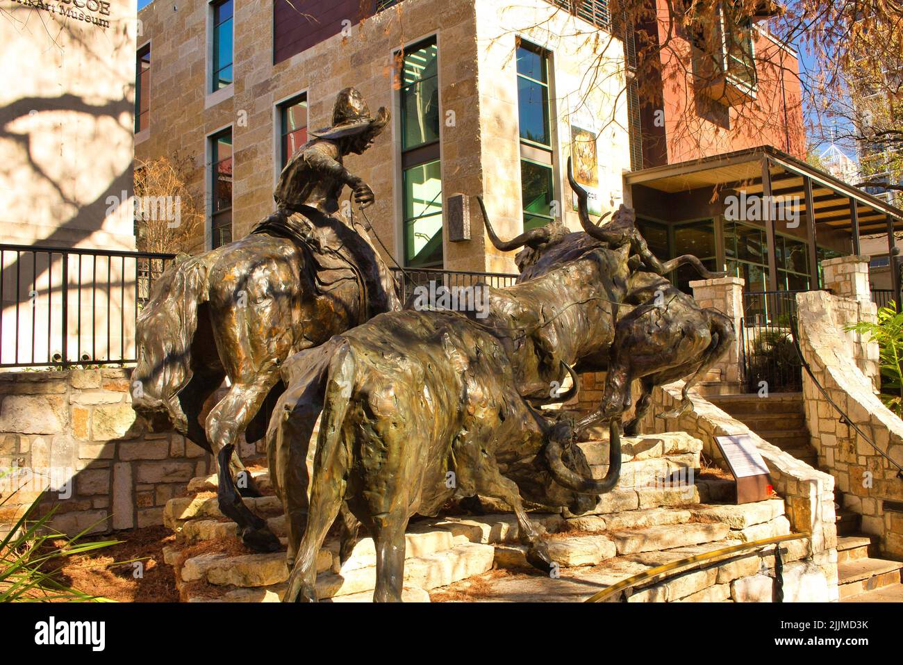 Eine Nahaufnahme einer Bronzestatue, die am Riverwalk in San Antonio, TX, gefunden wurde Stockfoto