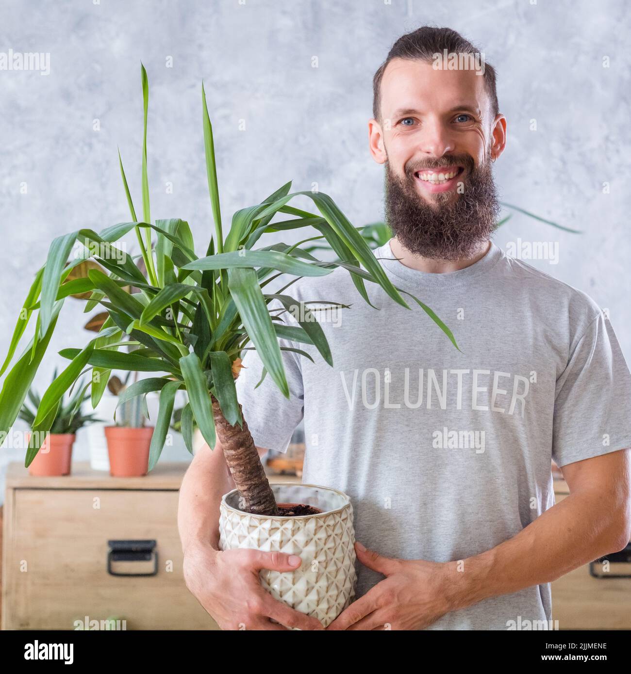 Umweltfreundliche Pflanzung Freiwillige halten Zimmerpflanze Stockfoto