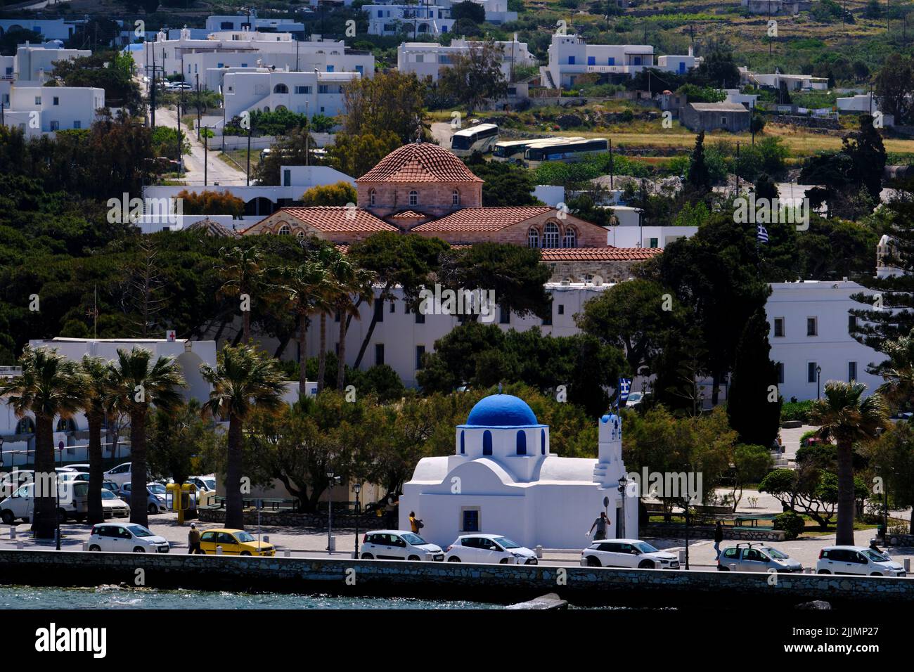 Griechenland, Kykladen, Insel Paros, Parikia (Hora), Kirche am Meer Stockfoto