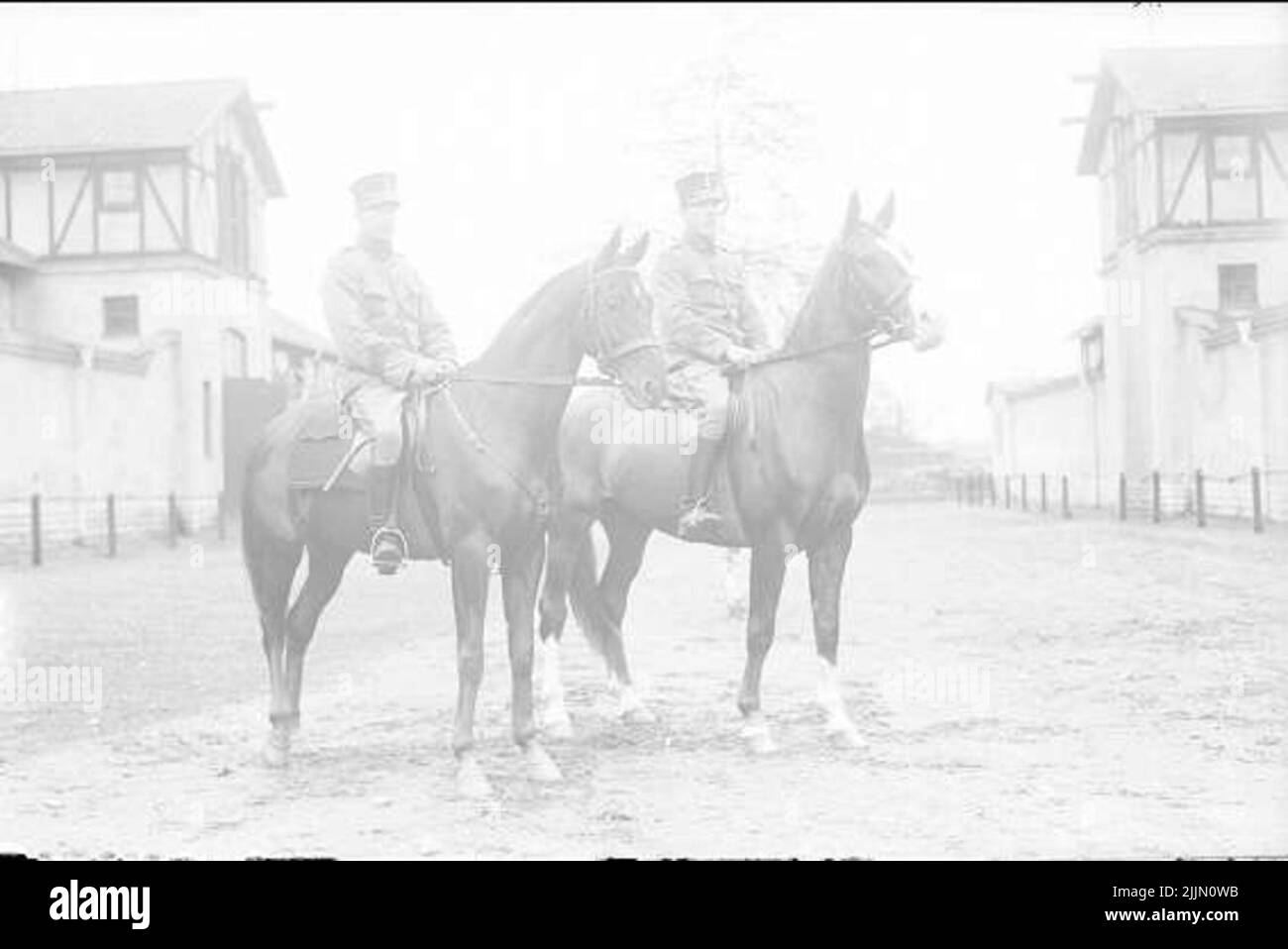 Zwei Pferdepfleger auf dem Weg nach draußen, um zwei Offizierspferde zu trainieren. Stockfoto