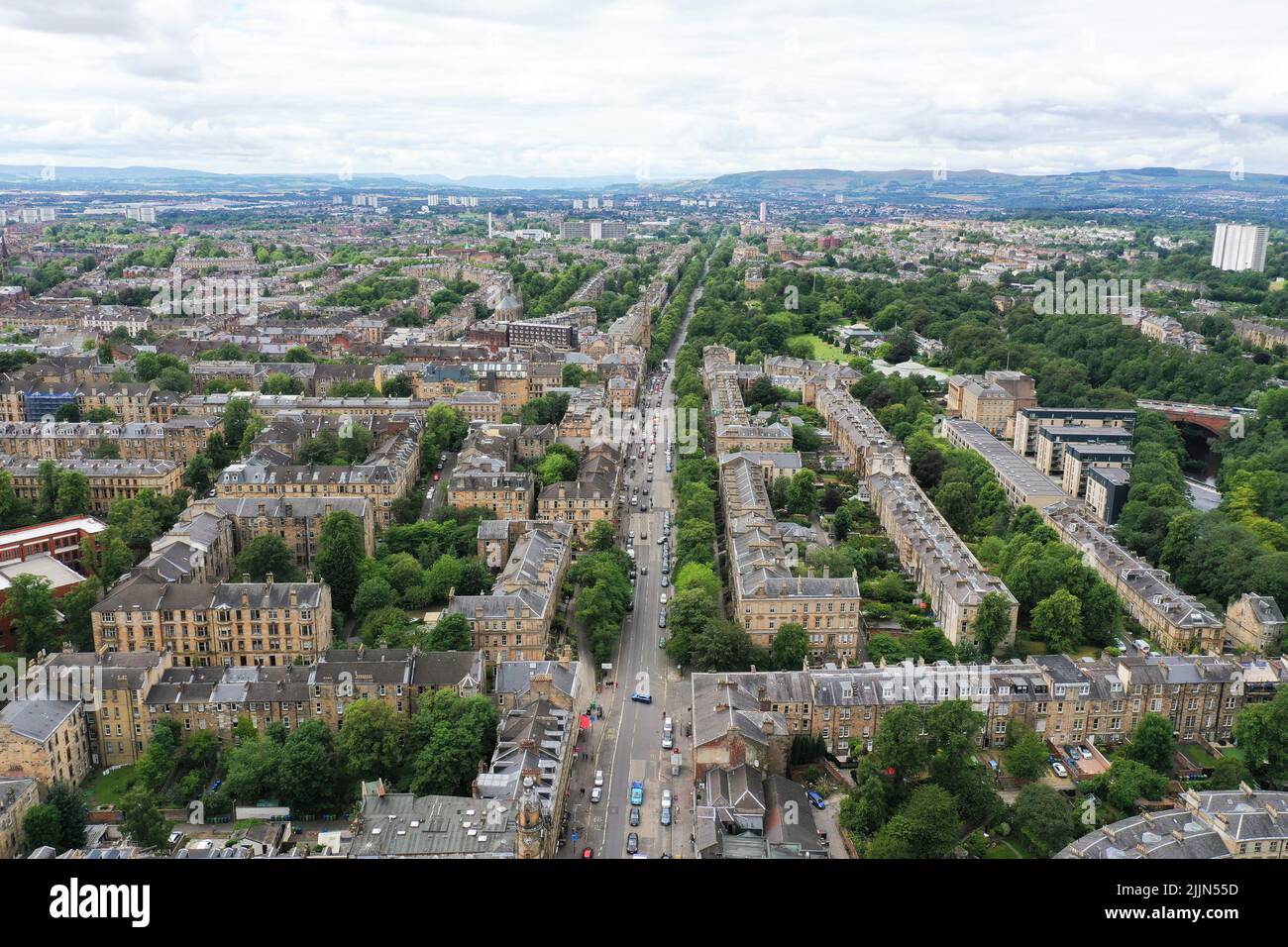 Luftdrohne blick auf das West End von Glasgow Stockfoto