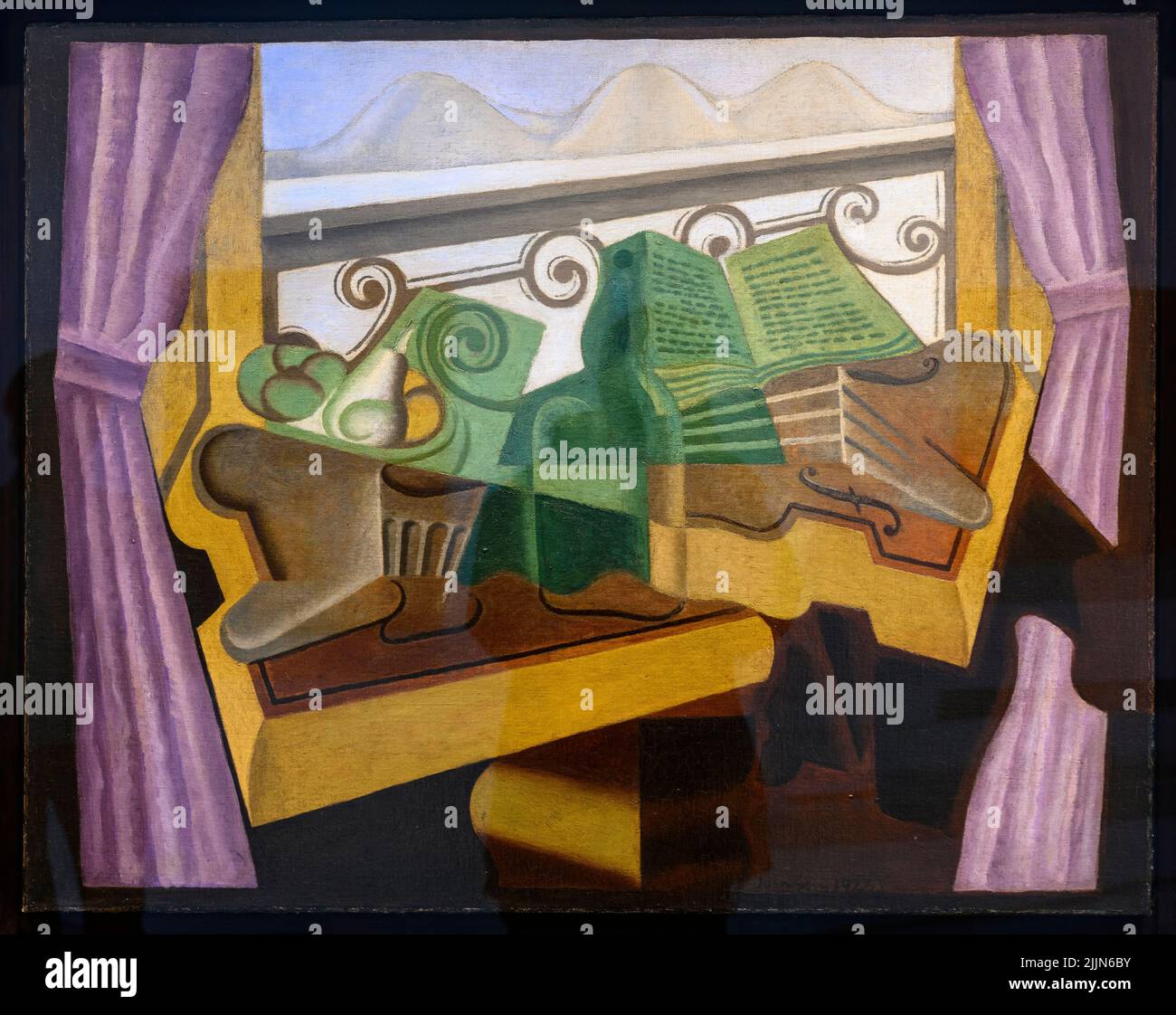 Offenes Fenster mit Hügeln. Von dem spanischen Künstler Juan Gris, Öl auf Leinwand, 1923. Juan Gris 1887 - 1927, lebte und arbeitete die meiste Zeit seines Lebens in Franc Stockfoto