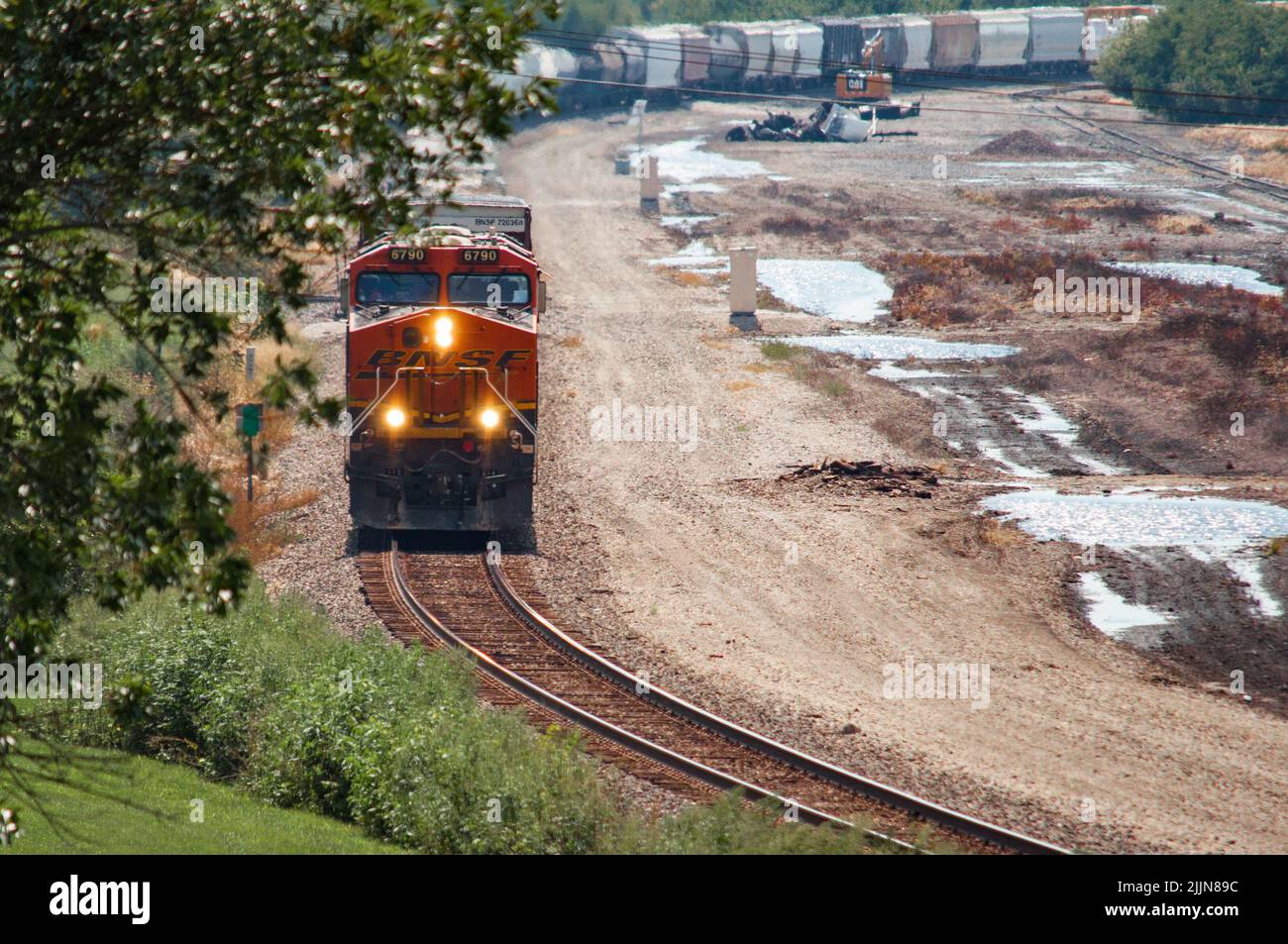 Das Burlington Northern Santa Fe BNSF umsäumt den Hof Stockfoto