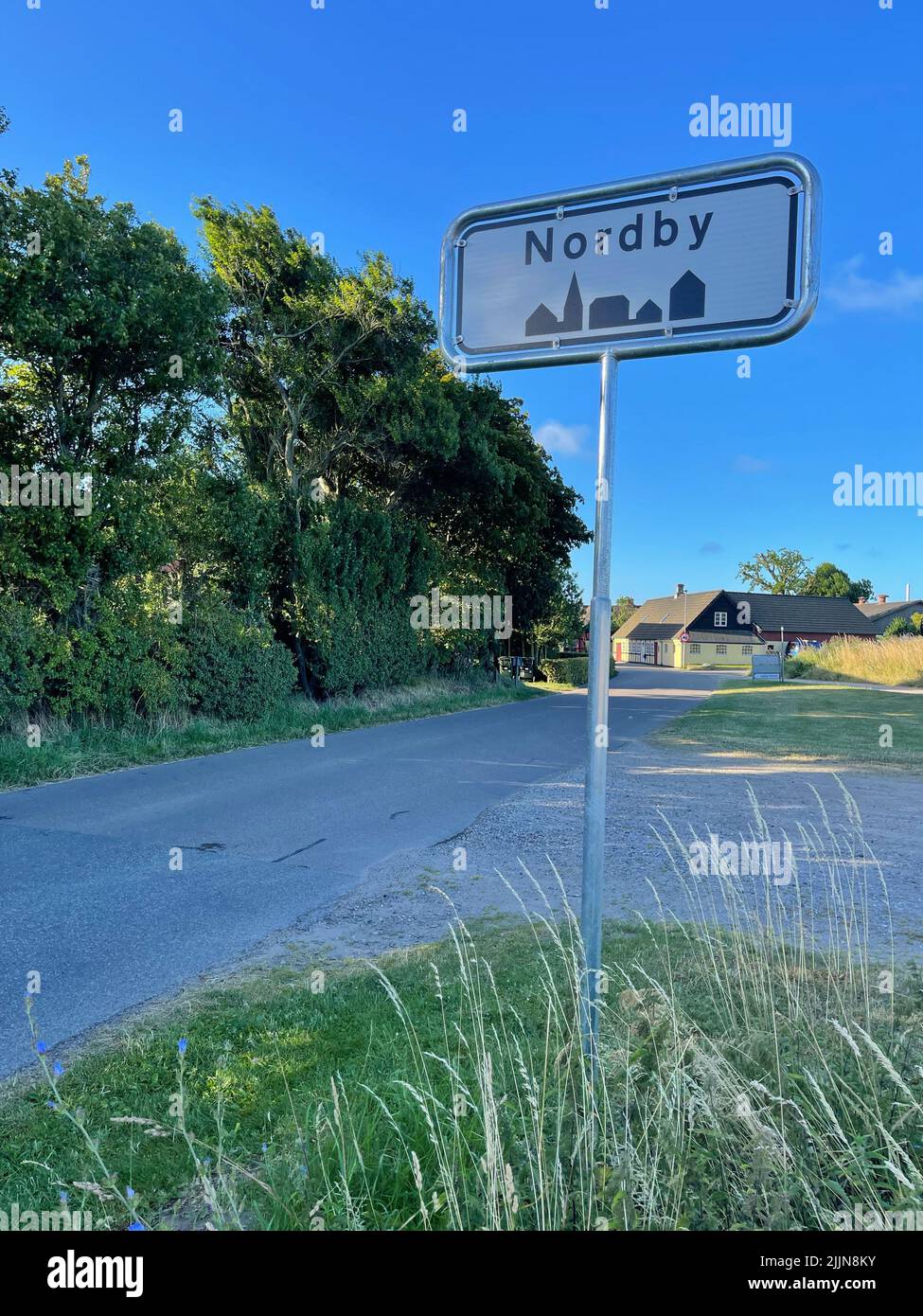 Nordby-Schild am Ortseingang, Samsoe, Jütland, Dänemark Stockfoto