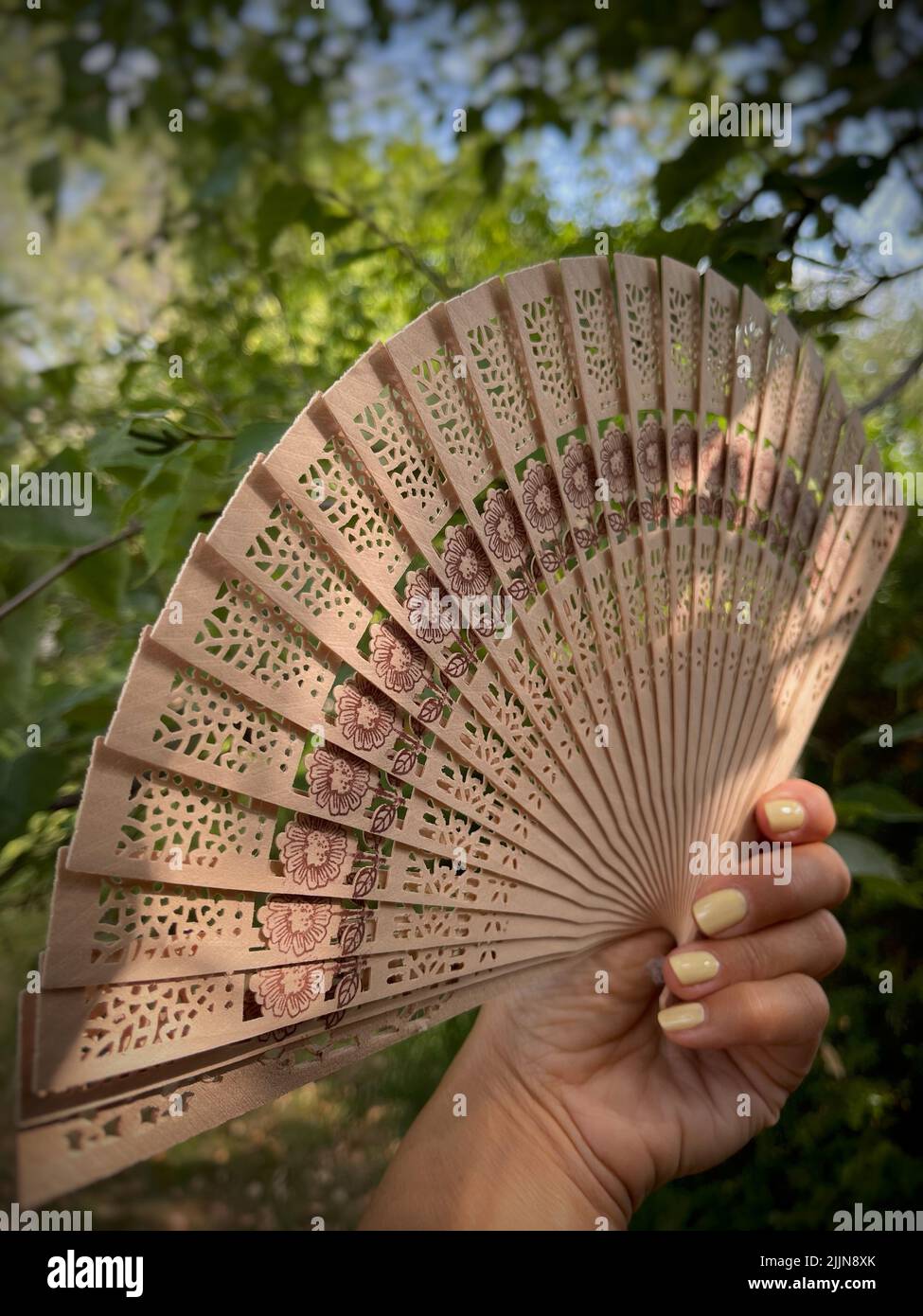 Nahaufnahme der Hand einer Frau, die einen Ventilator in einem Sommergarten hält Stockfoto
