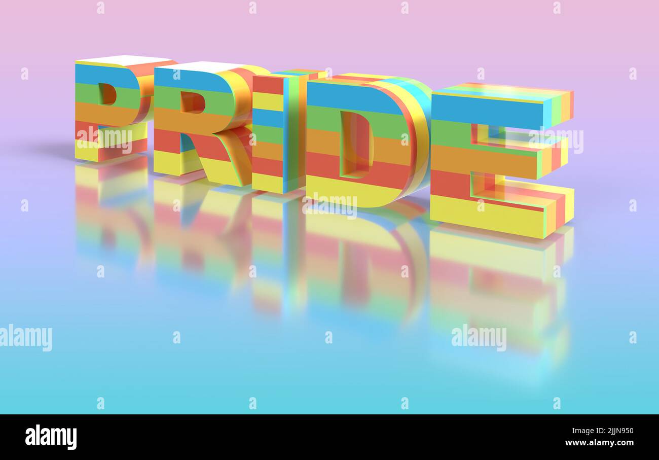 Pride 3D Render auf einem rosa blau schillernden Hintergrund Stockfoto