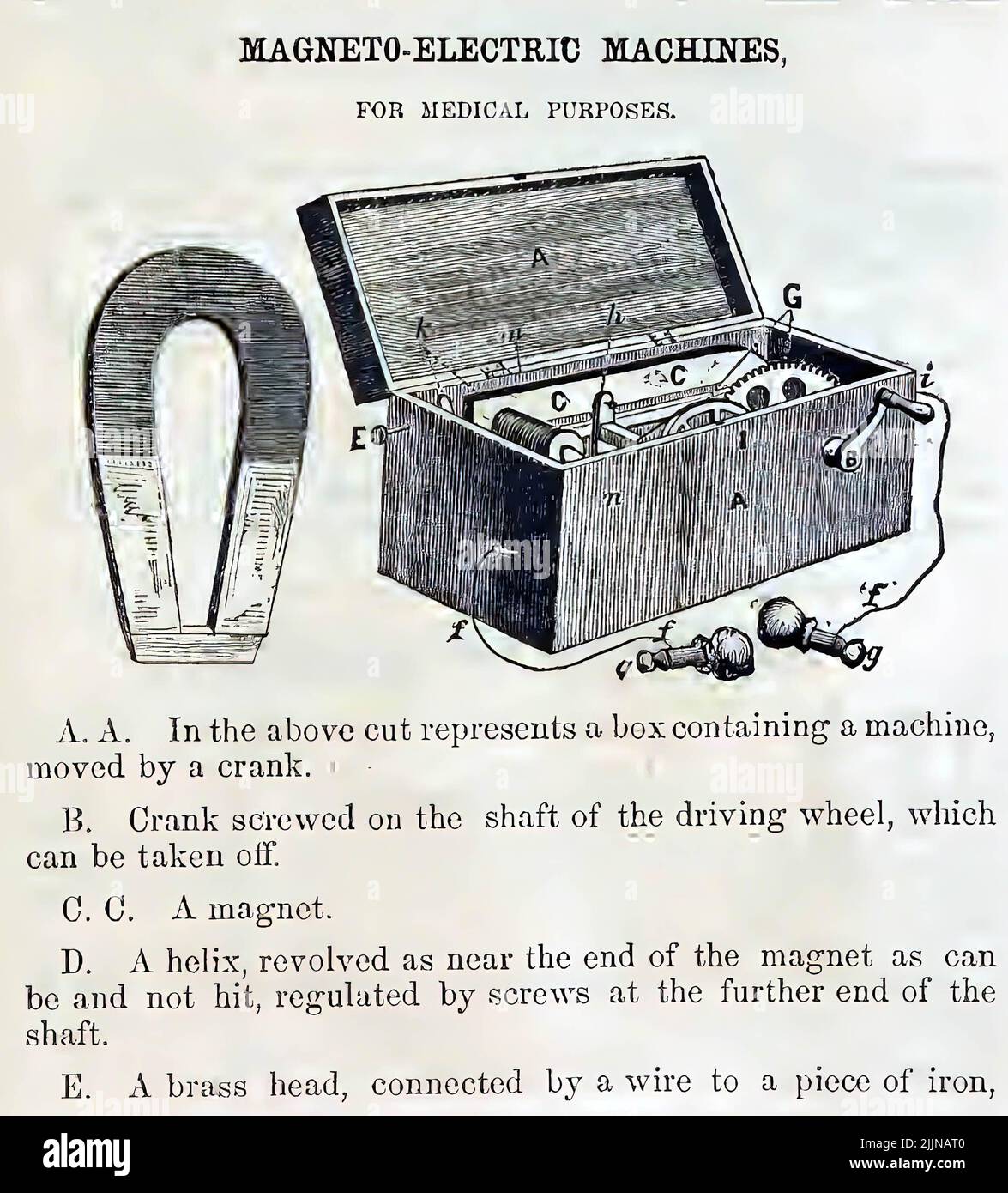 Eine Aufnahme eines medizinischen Instruments aus dem 19.. Jahrhundert mit einer Beschreibung aus einem Katalog Stockfoto