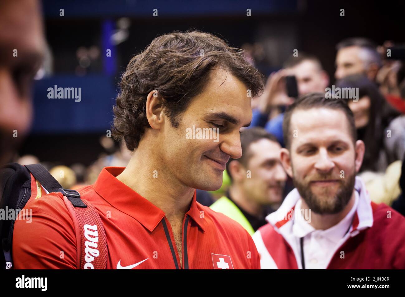 ROGER FEDERER aus der Schweiz beim Davis-Cup-Spiel zwischen Serbien und der Schweiz, 31 2014. Januar, Novi Sad, Serbien Stockfoto