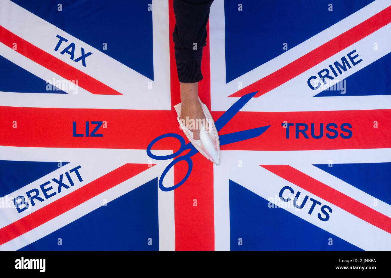 Liz Truss, Steuersenkungen, Brexit, Reduzierung der Kriminalität... Tory, Konzept der konservativen Parteiführung. Stockfoto