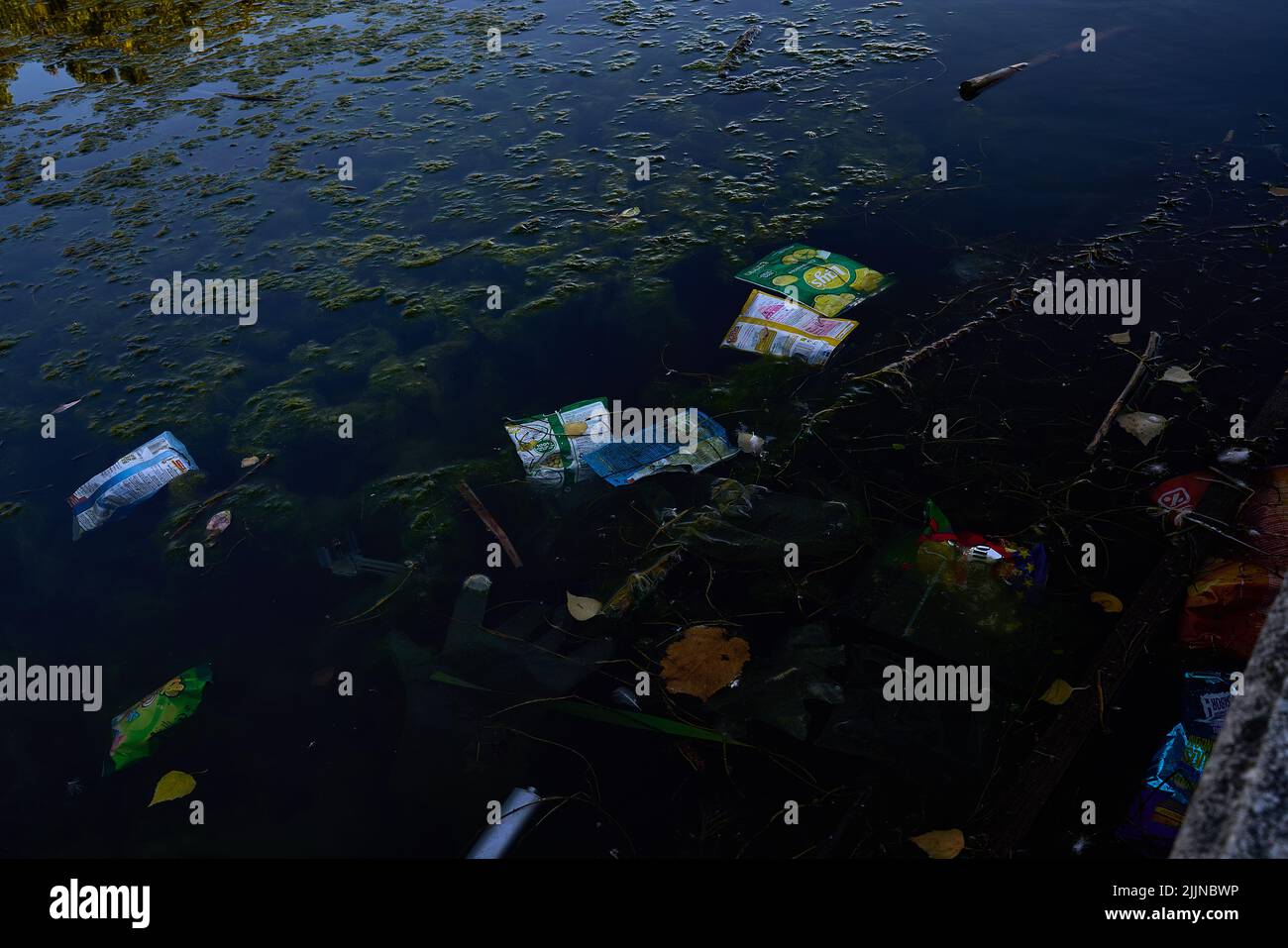Müll und Verschmutzung in einem Teich. Hochwertige Fotos Stockfoto
