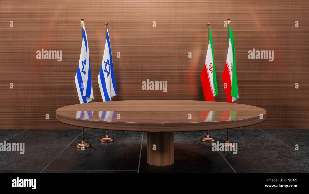 Israelische und iranische Flaggen, israelische und iranische Flagge, Israel und Iran-Verhandlungen. Redon. 3D Arbeit und 3D Bild Stockfoto