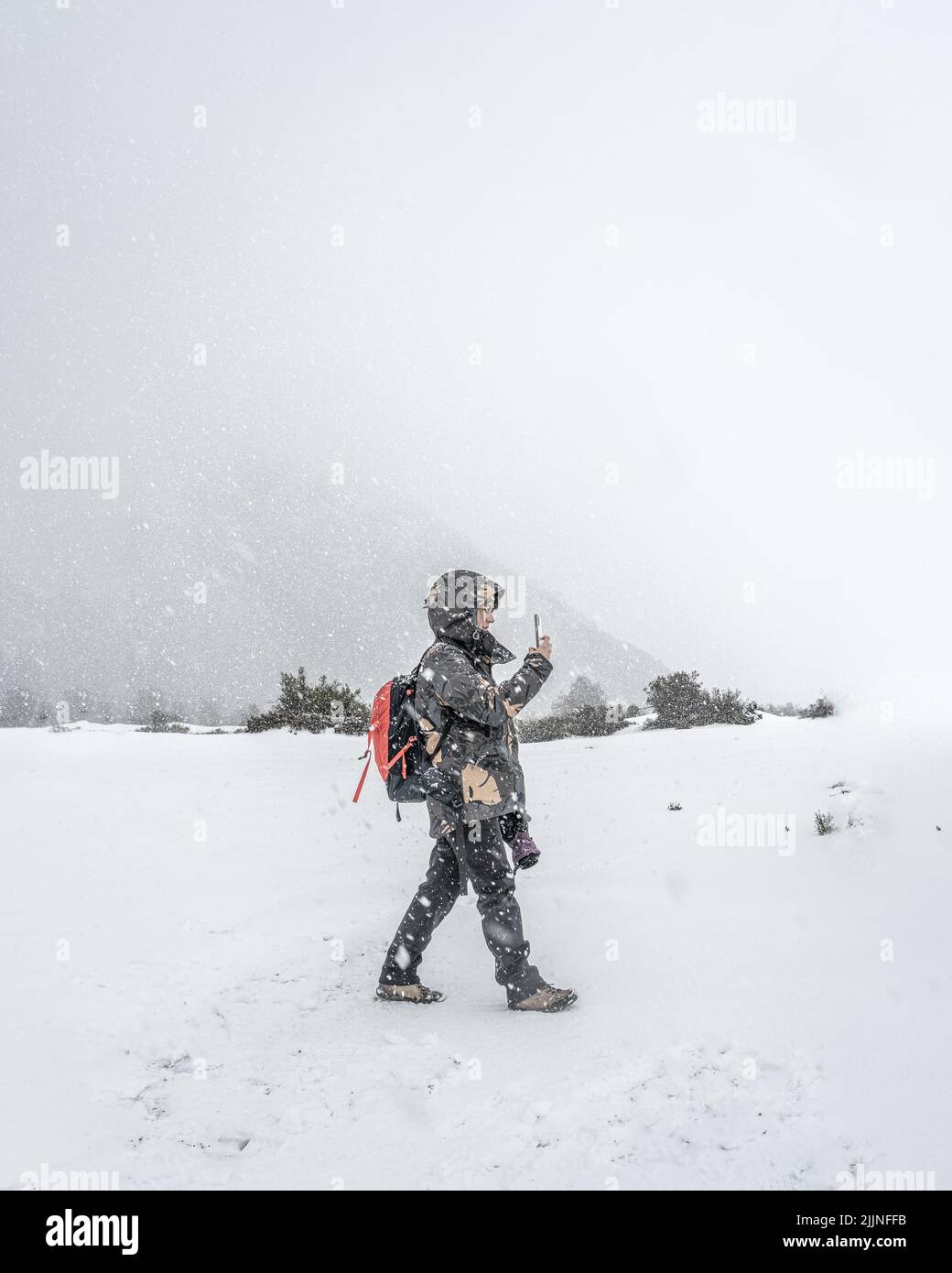 Eine vertikale Aufnahme eines Wanderers, der die verschneiten Berge im Conguillio National Park fotografiert Stockfoto