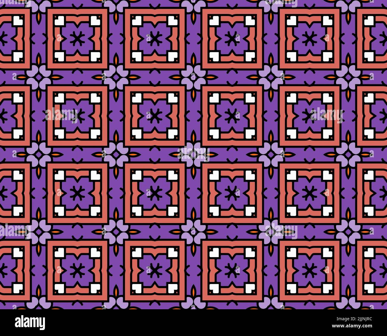 Ein farbenfrohes, nahtloses Muster aus geometrischen Figuren und blumenartigen Formen Stockfoto