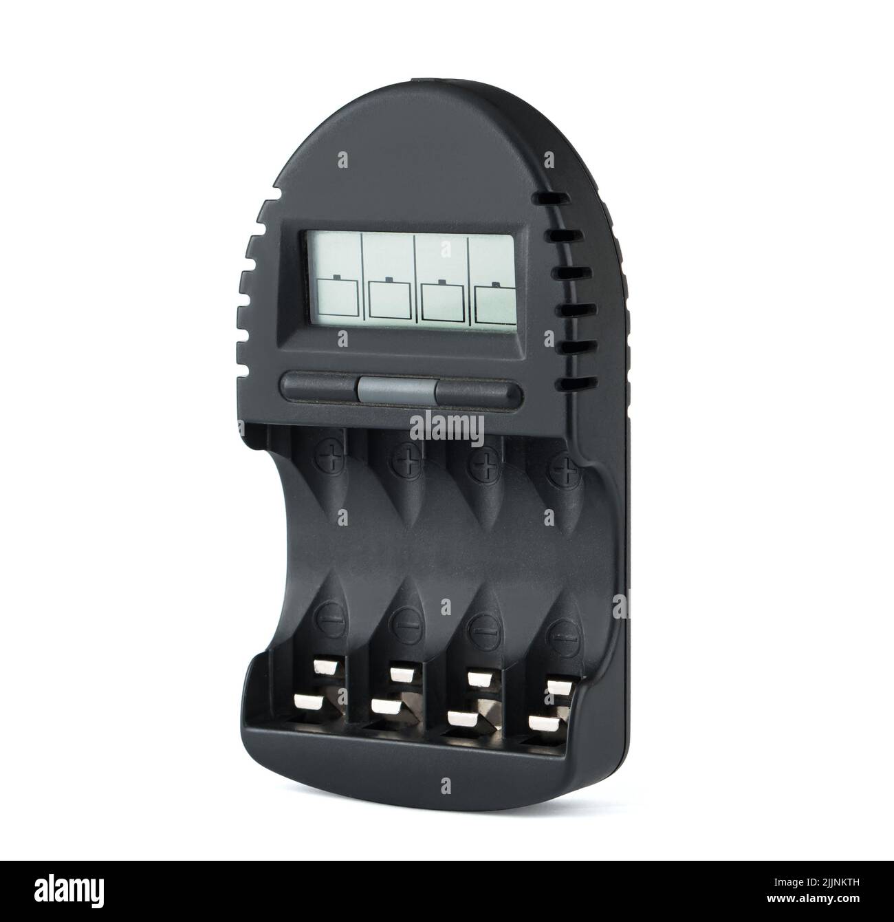 Ladegerät für Fingerbatterien, Laden von vier Batterien auf weißem Hintergrund Stockfoto
