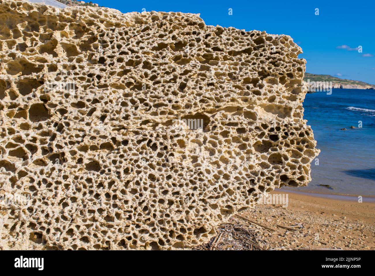 Ein Felsblock aus globigerina Kalkstein nahe der Küste, der an einem sonnigen Tag Anzeichen von Seeverwitterung und Erosion in der maltesischen Landschaft zeigt. Stockfoto
