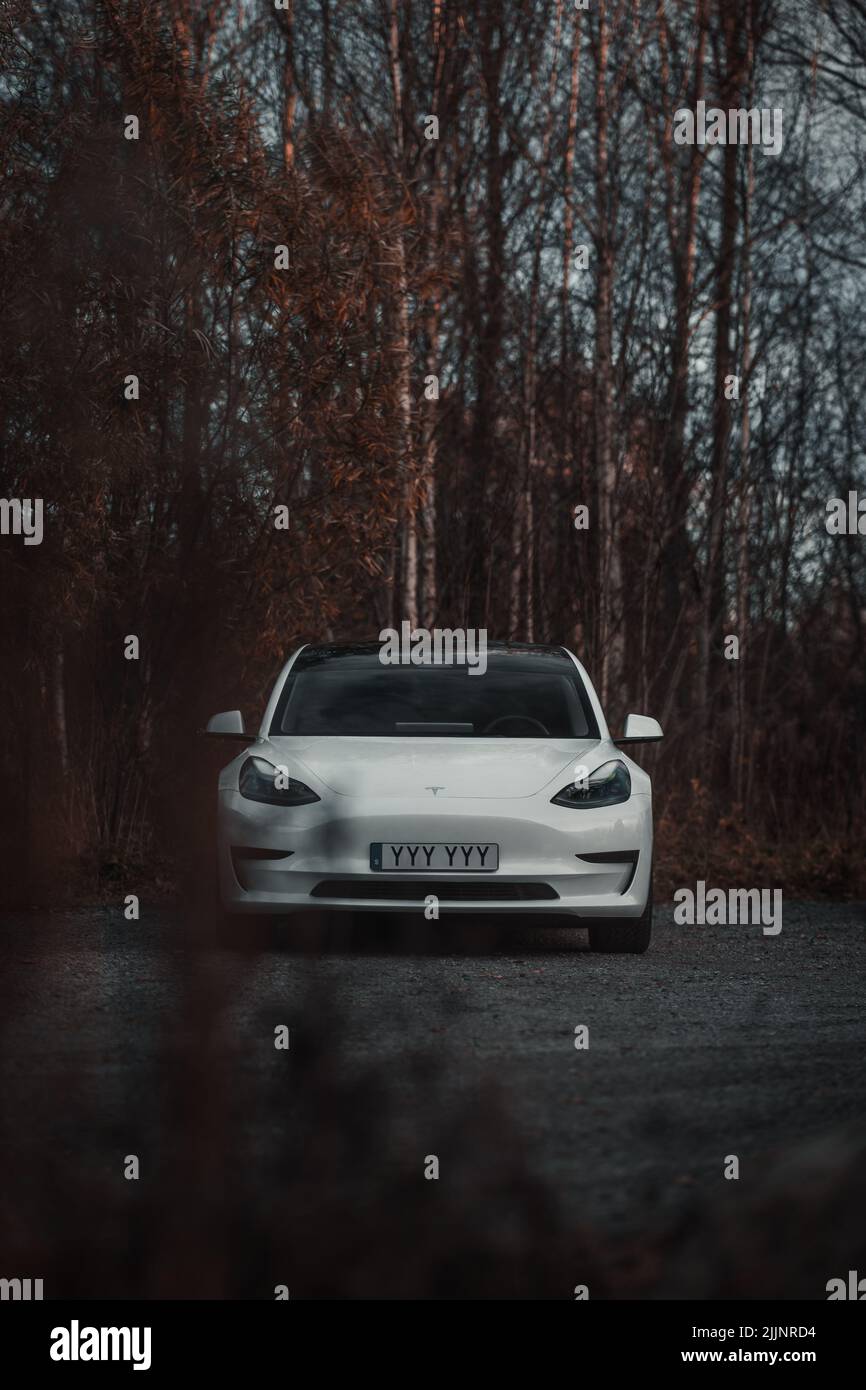 White Tesla Model 3 bei einem EV-Treffen in Orebro, Schweden Stockfoto